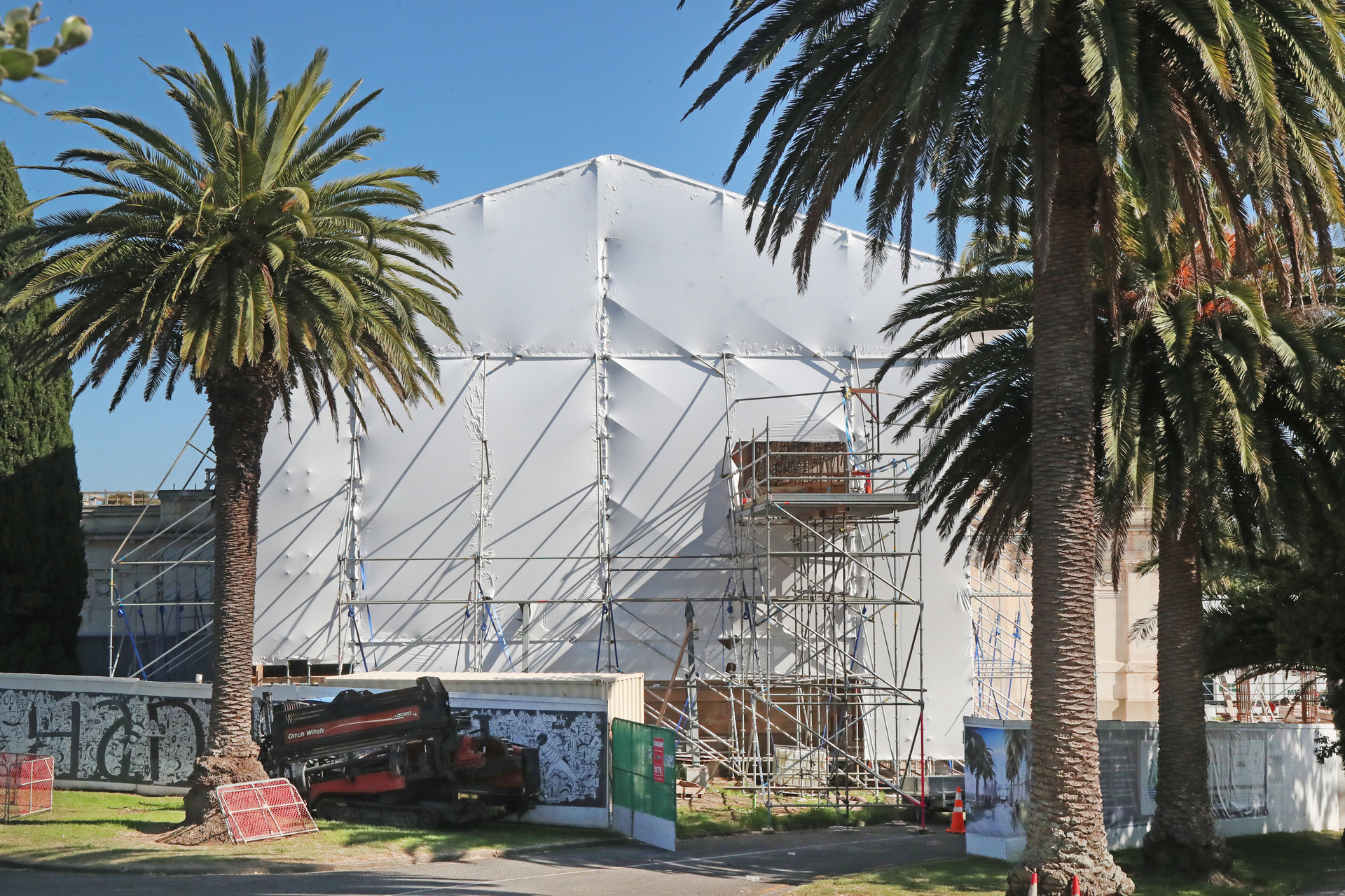 Work continues on the original Sarjeant Gallery building. From this view the new wing sits behind it. Photo / Bevan Conley