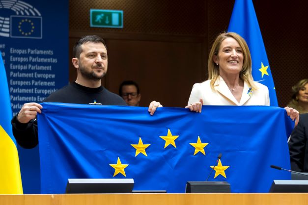 Ukraine President Volodymyr Zelenskyy and European Parliament President Roberta Metsola pictured in this file photo at the European Parliment in Brussels at the start of February. Photo / via AP