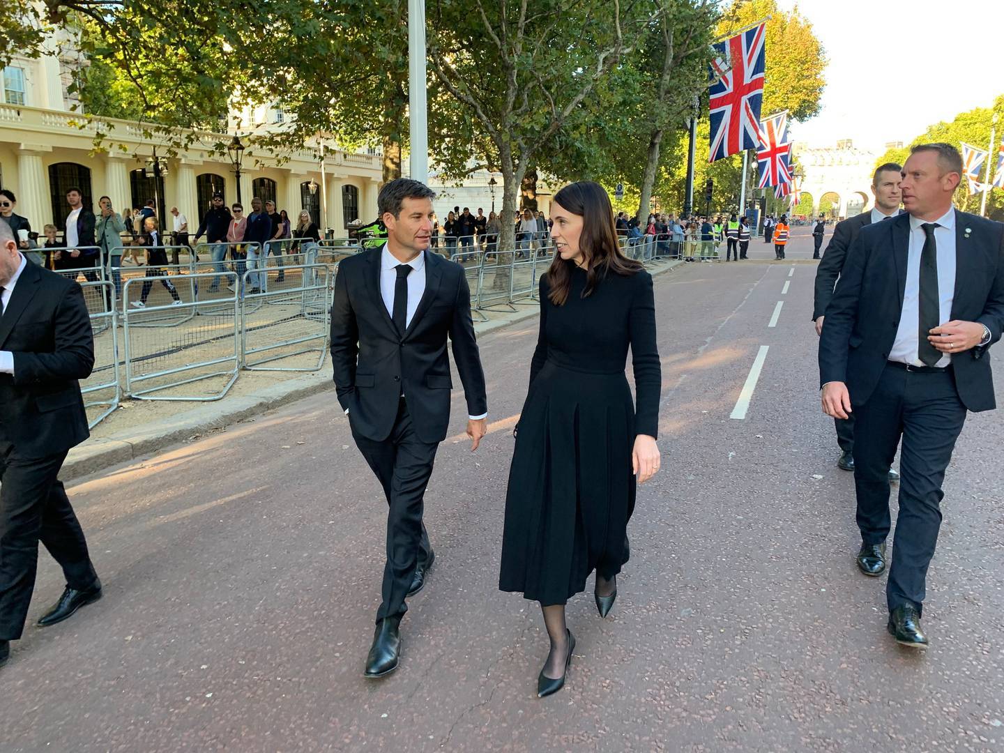 Prime Minister Jacinda Ardern and partner Clarke Gayford in the UK for the Queen's funeral. Photo / Adam Pearse