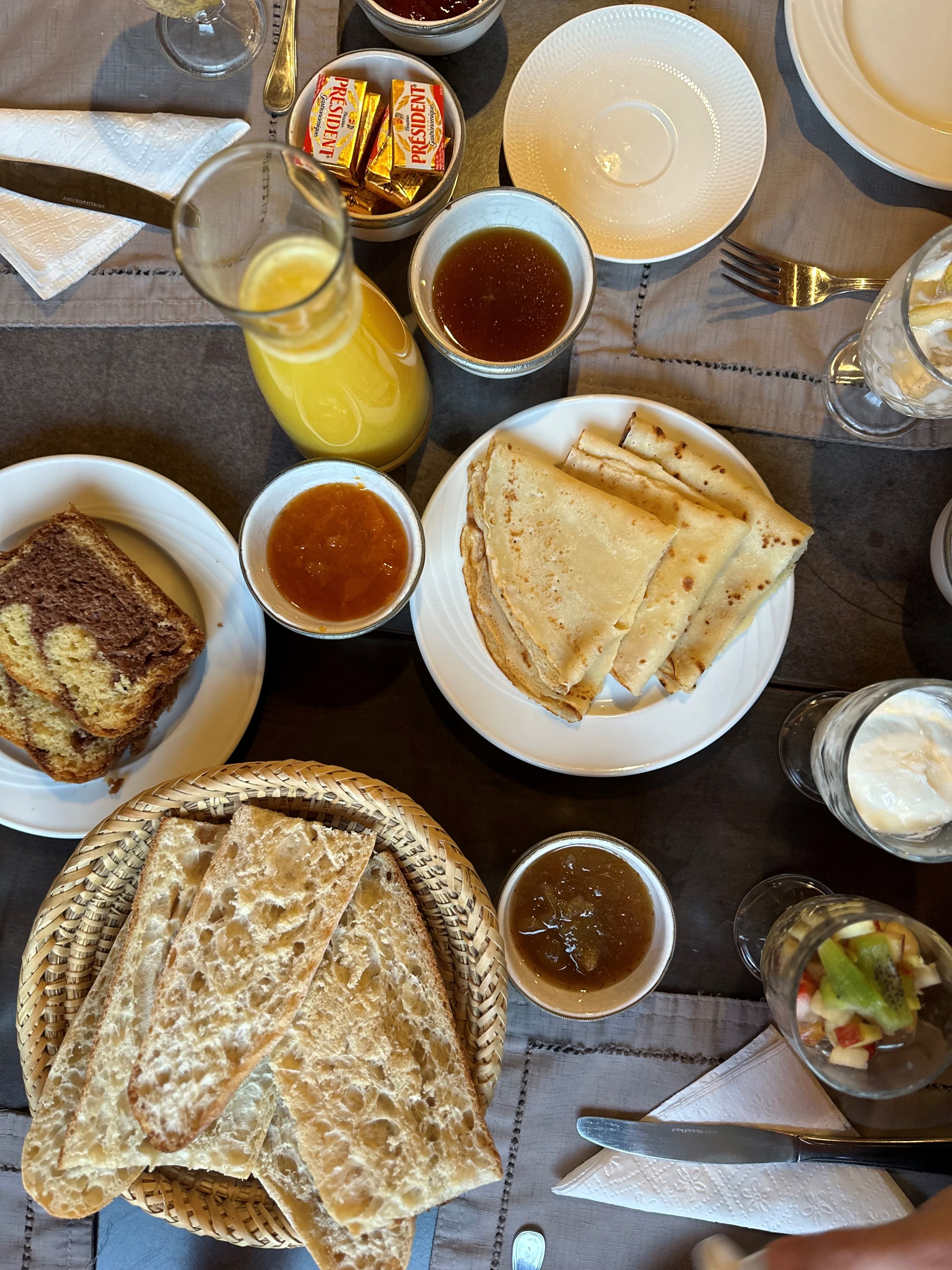 Leslie Hottiaux enjoys a simple yet delicious Moroccan breakfast with freshly squeezed orange juice, sheep’s milk yoghurt, homemade crepes and marmalade in Marrakesh.