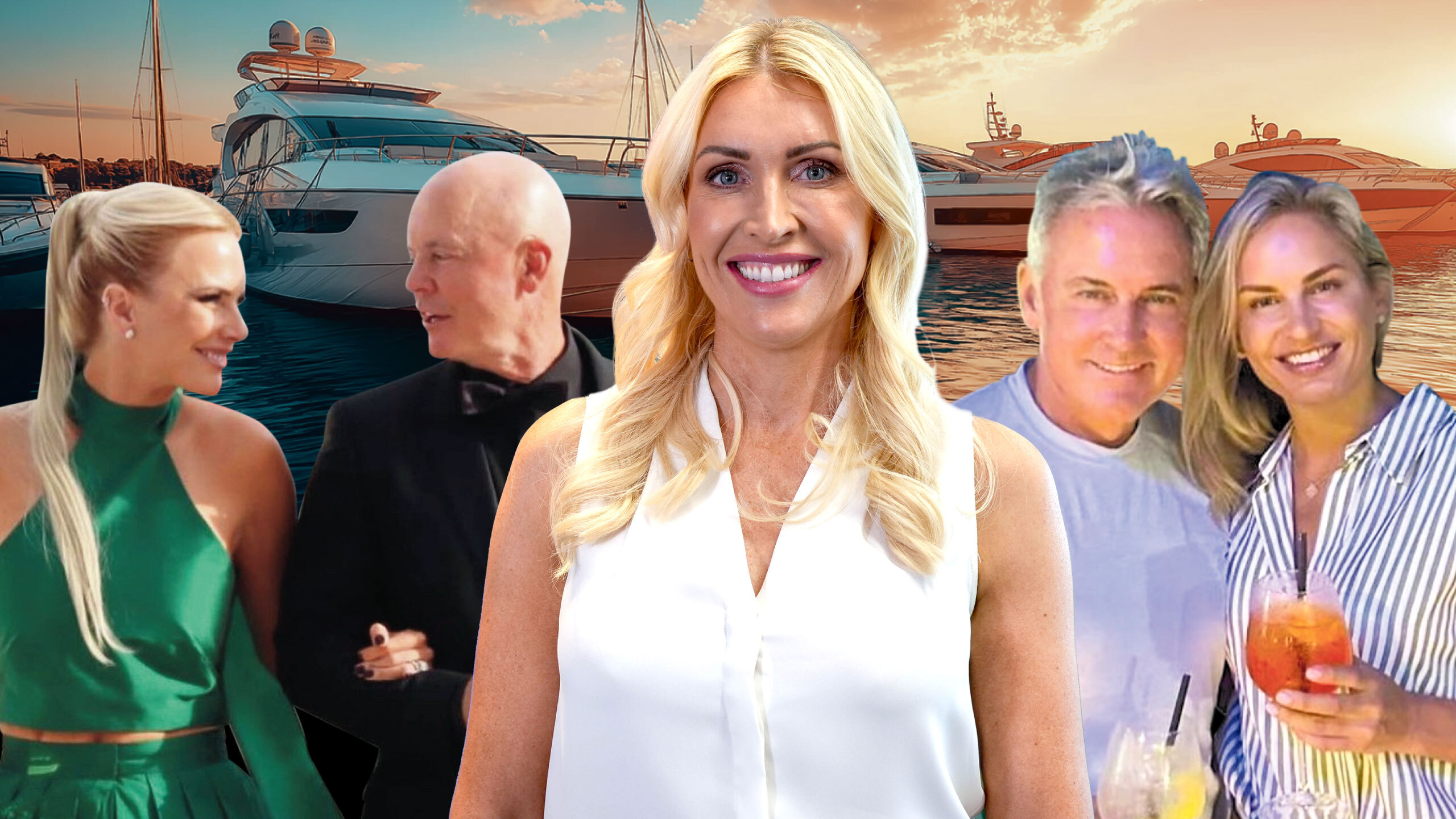 Anna Mowbray's (centre) business empire is expanding; Kiwi rich listers (from left to right) Paula and Simon Herbert and Steve Owen and Swedish partner Madeleine Ansehn are all believed to be in Barcelona to watch the America's Cup sailing. Photo / Herald composite image