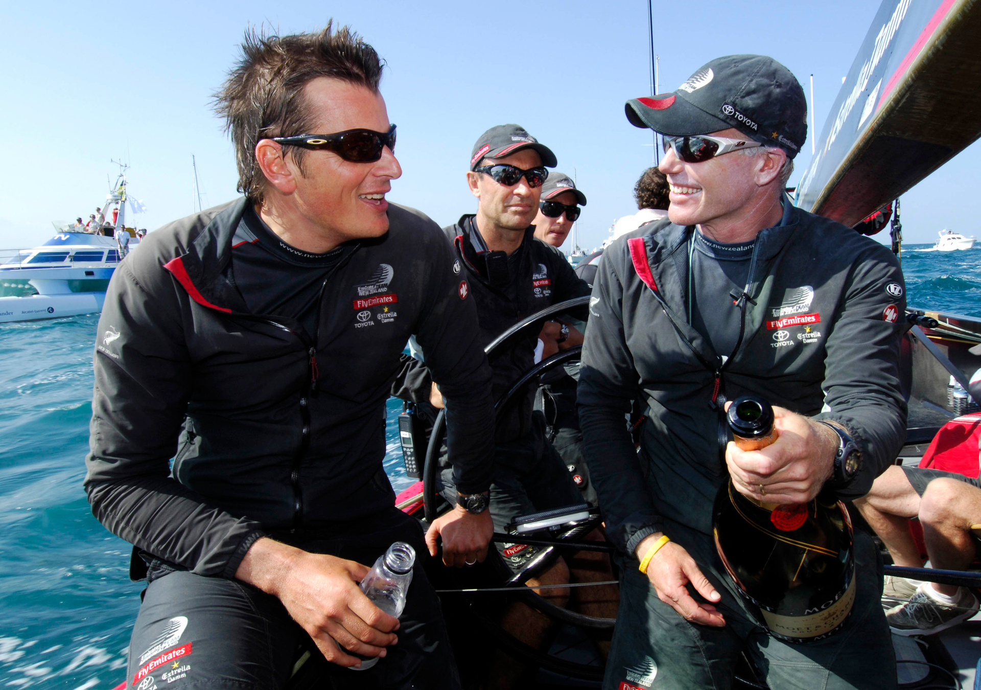 Dean Barker and Terry Hutchinson in 2007 after winning the Louis Vuitton Cup finals. Photo / Photosport
