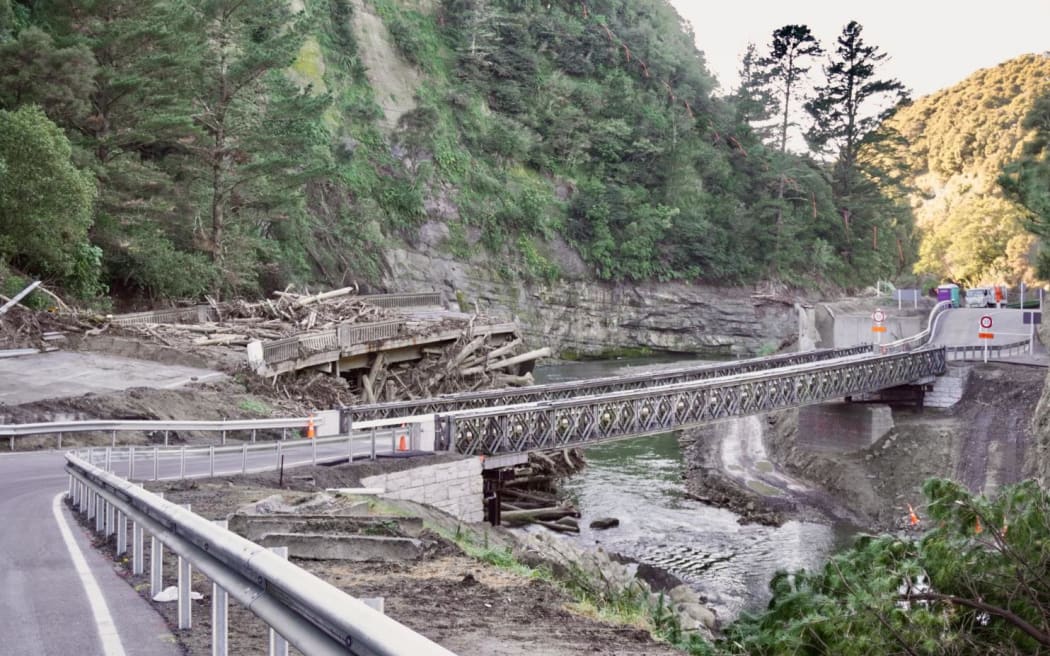 A Bailey bridge over the Waikare Gorge, which was erected after Cyclone Gabrielle destroyed the old bridge. Photo / Kate Green, RNZ