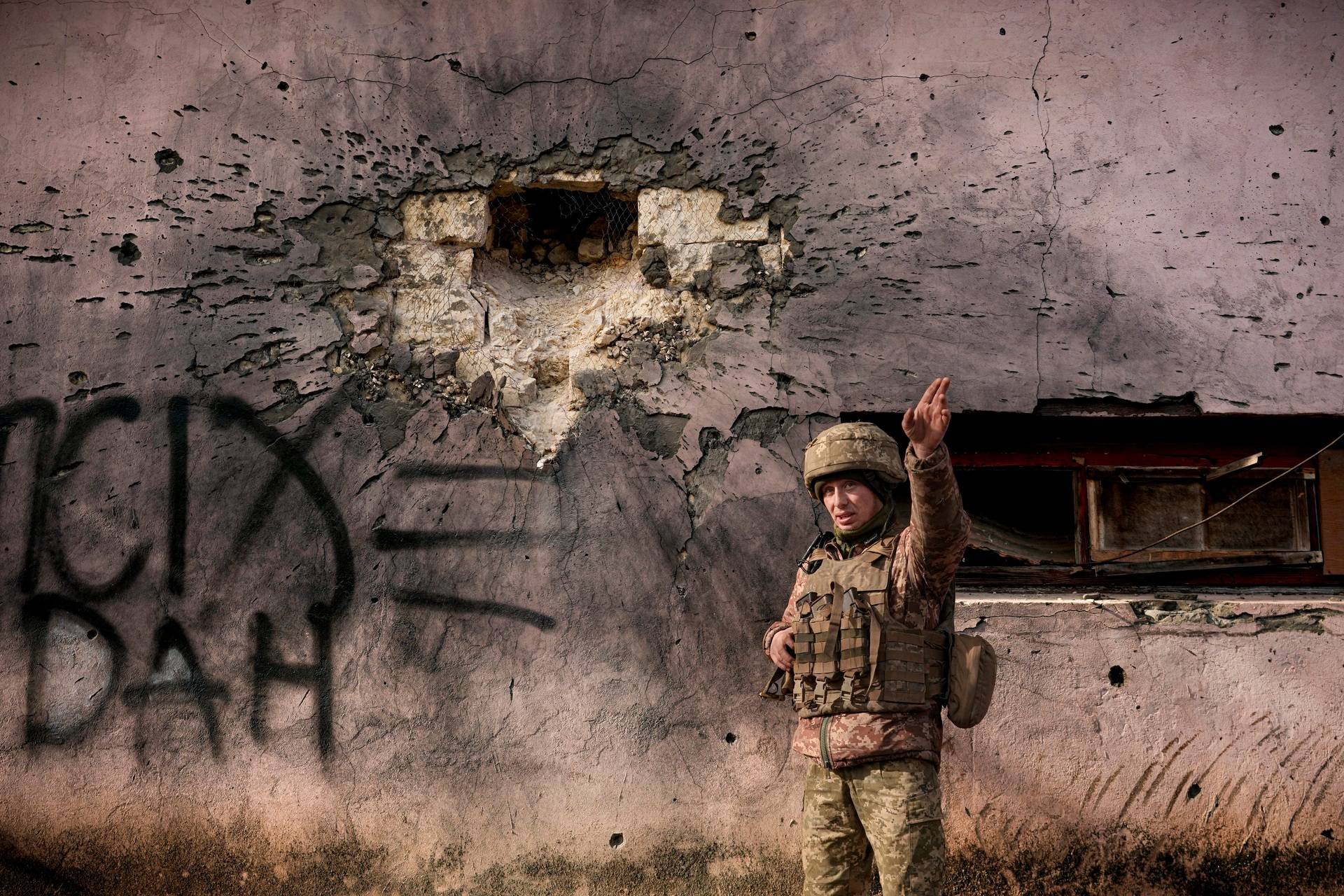A Ukrainian serviceman in the frontline village of Krymske, in eastern Ukraine. Photo / AP