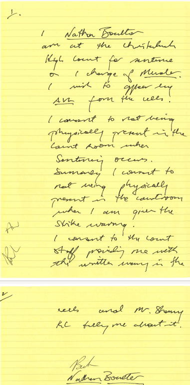 Nathan Boulter's handwritten waiver.