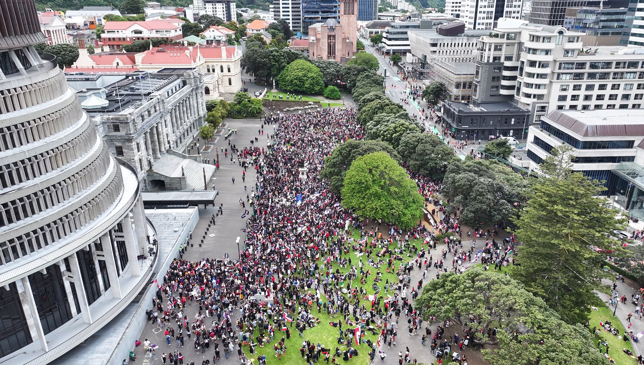 An aerial view of Hīkoi Mo te Tiriti in front of Parliament. Photo / Murdoch Ngahou