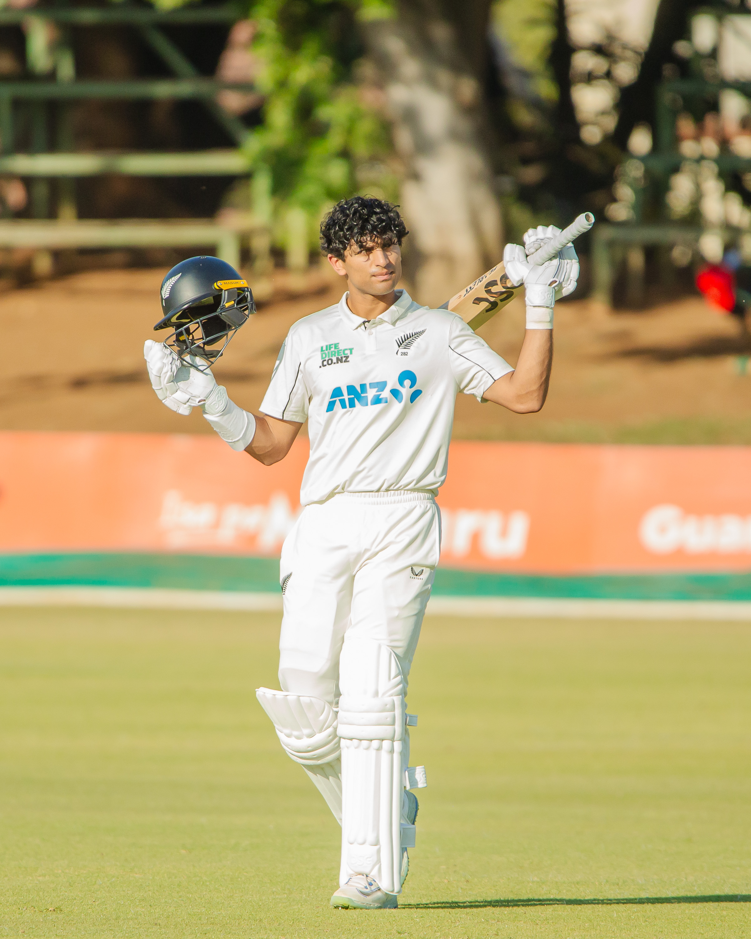 Rachin Ravindra celebrates his century on day two of the second test between New Zealand and Zimbabwe in Bulawayo. Photo / Zimbabwe Cricket