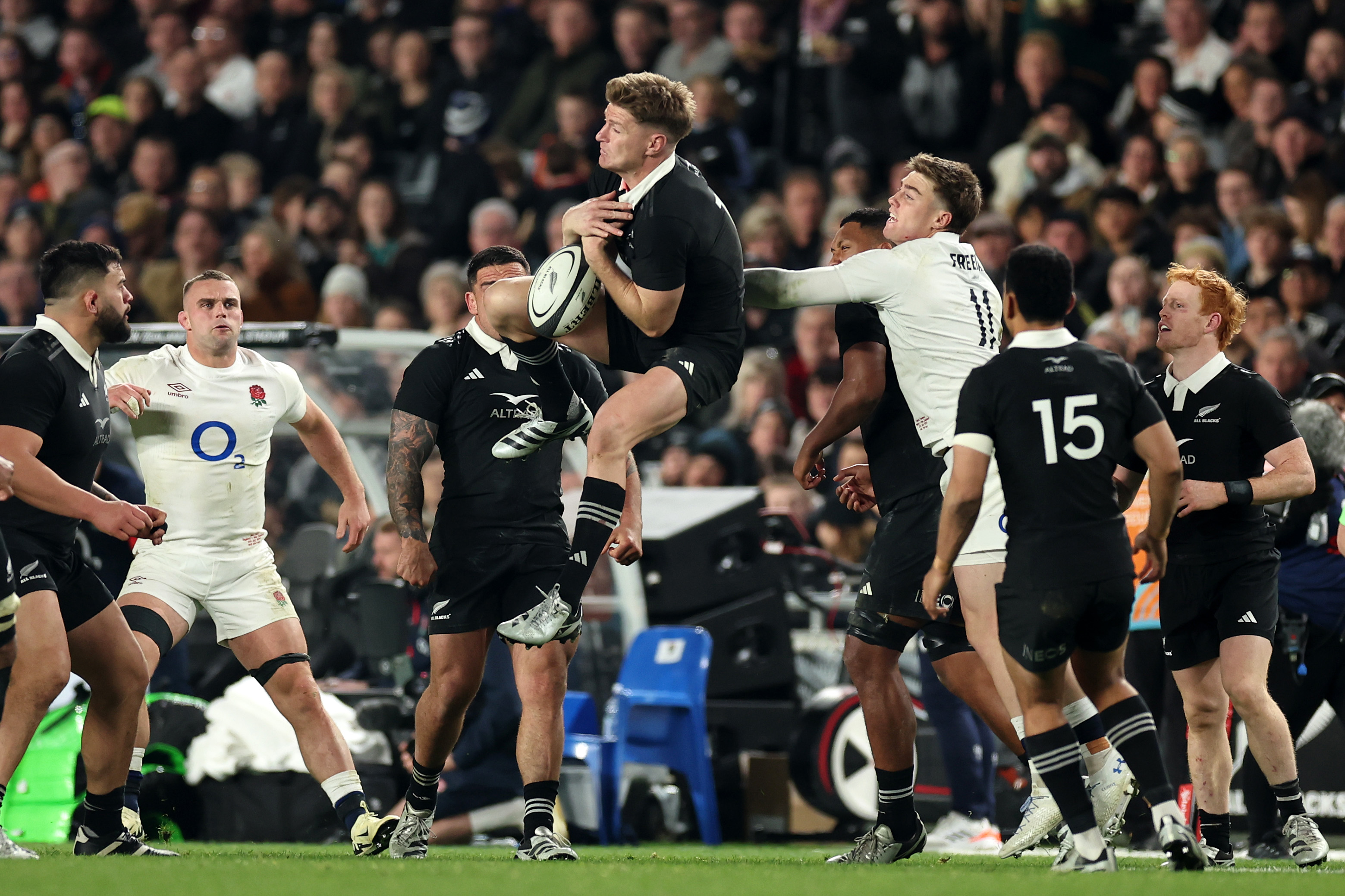 Jordie Barrett tries to take a high ball against England. Photo / Getty Images
