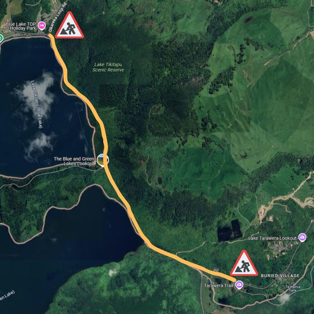  A section of Tarawera Rd will be temporarily closed from 8pm on February 24 (from the intersection of Ōkāreka Loop/Tarawera roads to the Tarawera Trail carpark), while the worksite near Lake Rotokākahi is re-established. Image / Rotorua Lakes Council