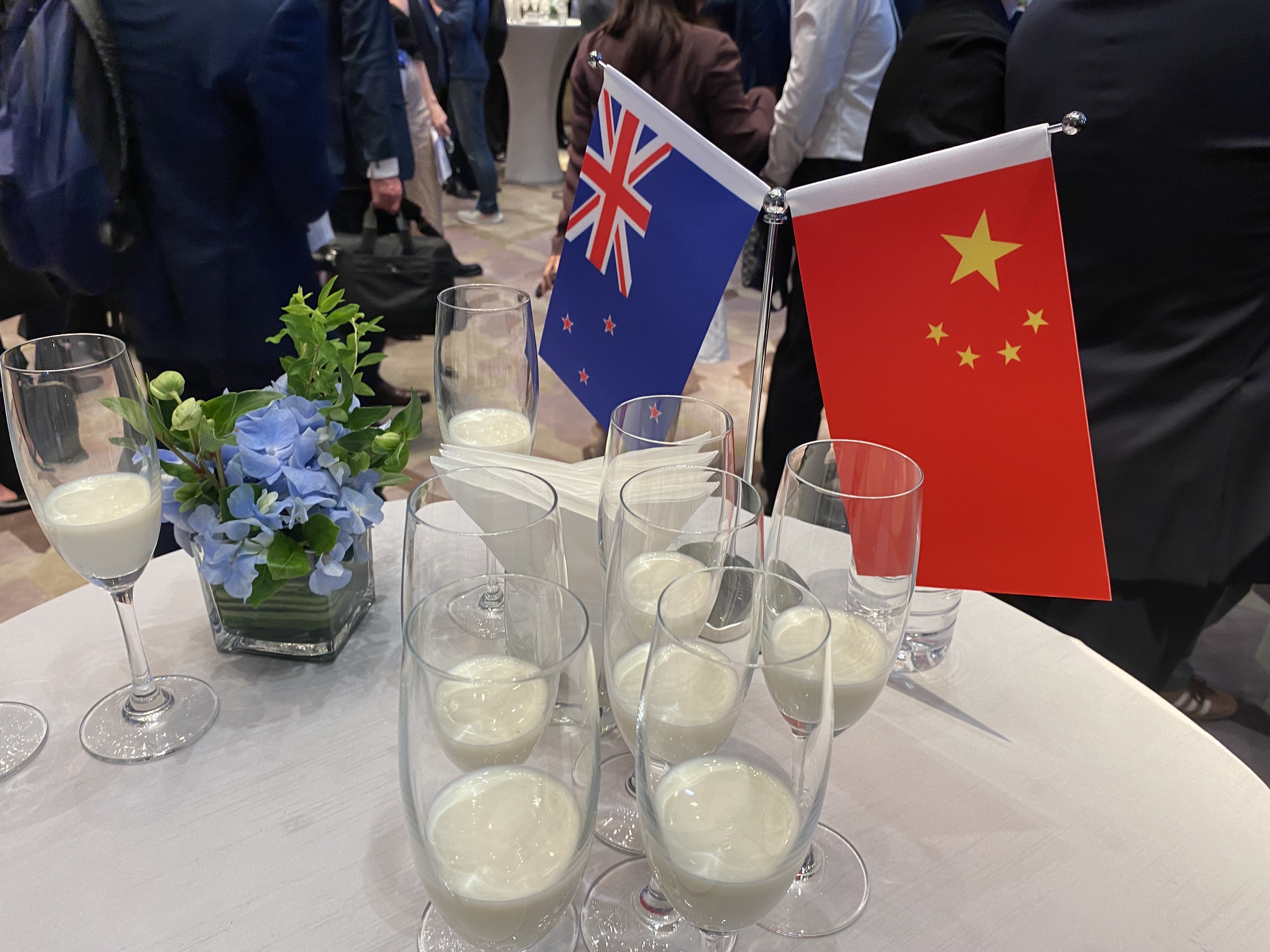 Veuve Clique-no - NZ dairy served in champagne flutes left undisturbed in Shanghai. Photo / Thomas Coughlan