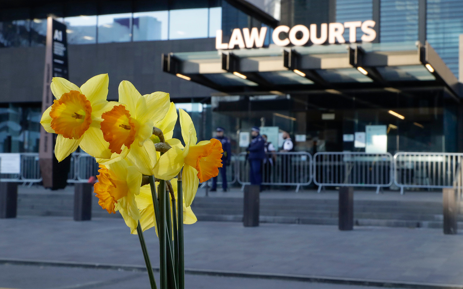 A bouquet of flowers sits outside Christchurch High Court ahead of day three of the sentencing hearing for Australian Brenton Harrison Tarrant.