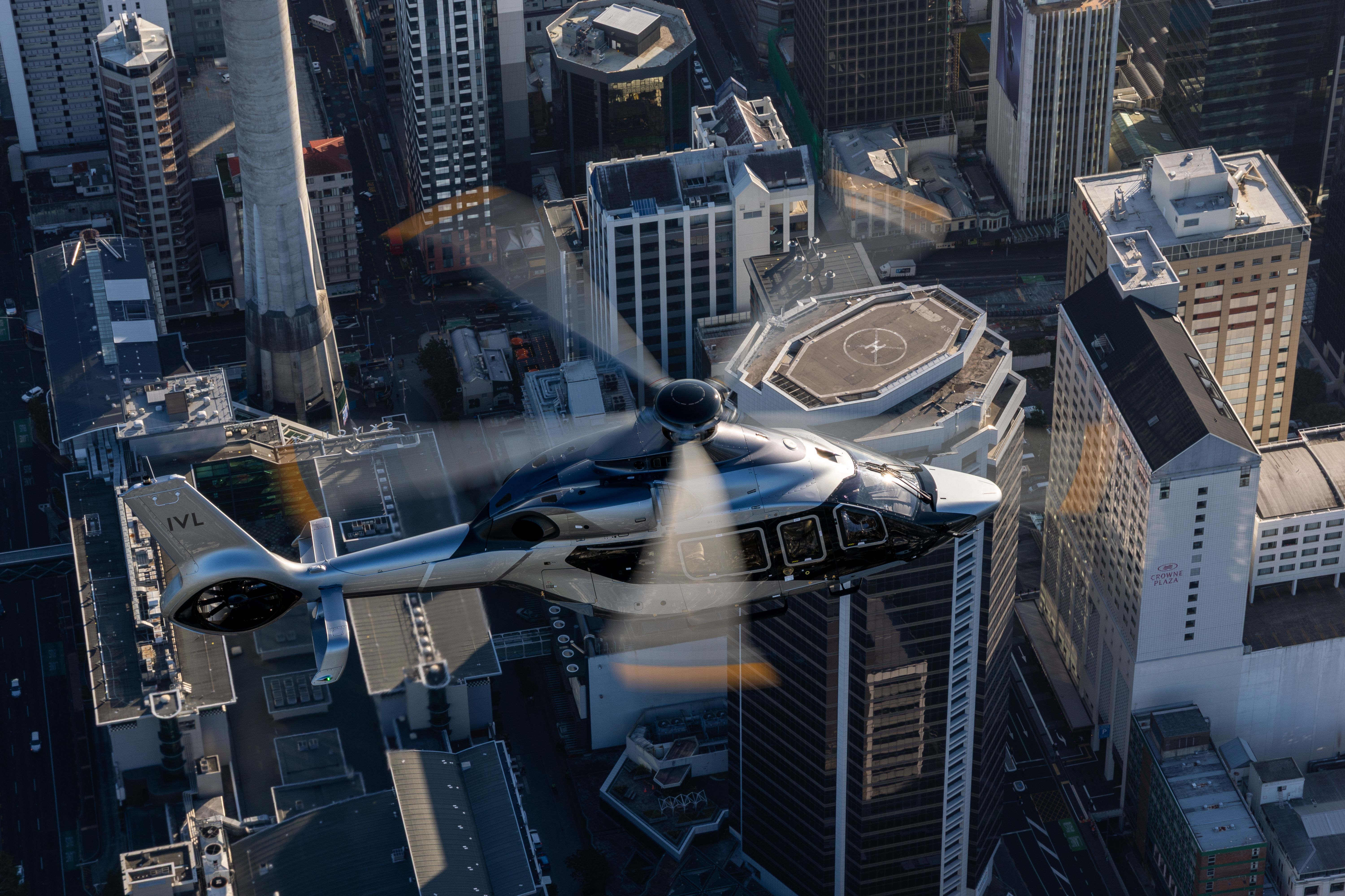 New Zealand's first ACH160 helicopter in action above downtown Auckland. Photo / Airbus