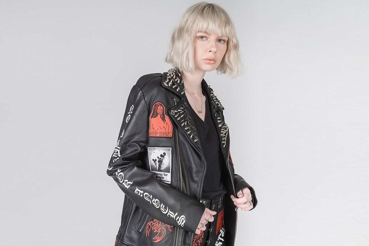 A 2019 jacket by New Zealand brand Stolen Girlfriends Club that borrows from motorcycle club and punk conventions.