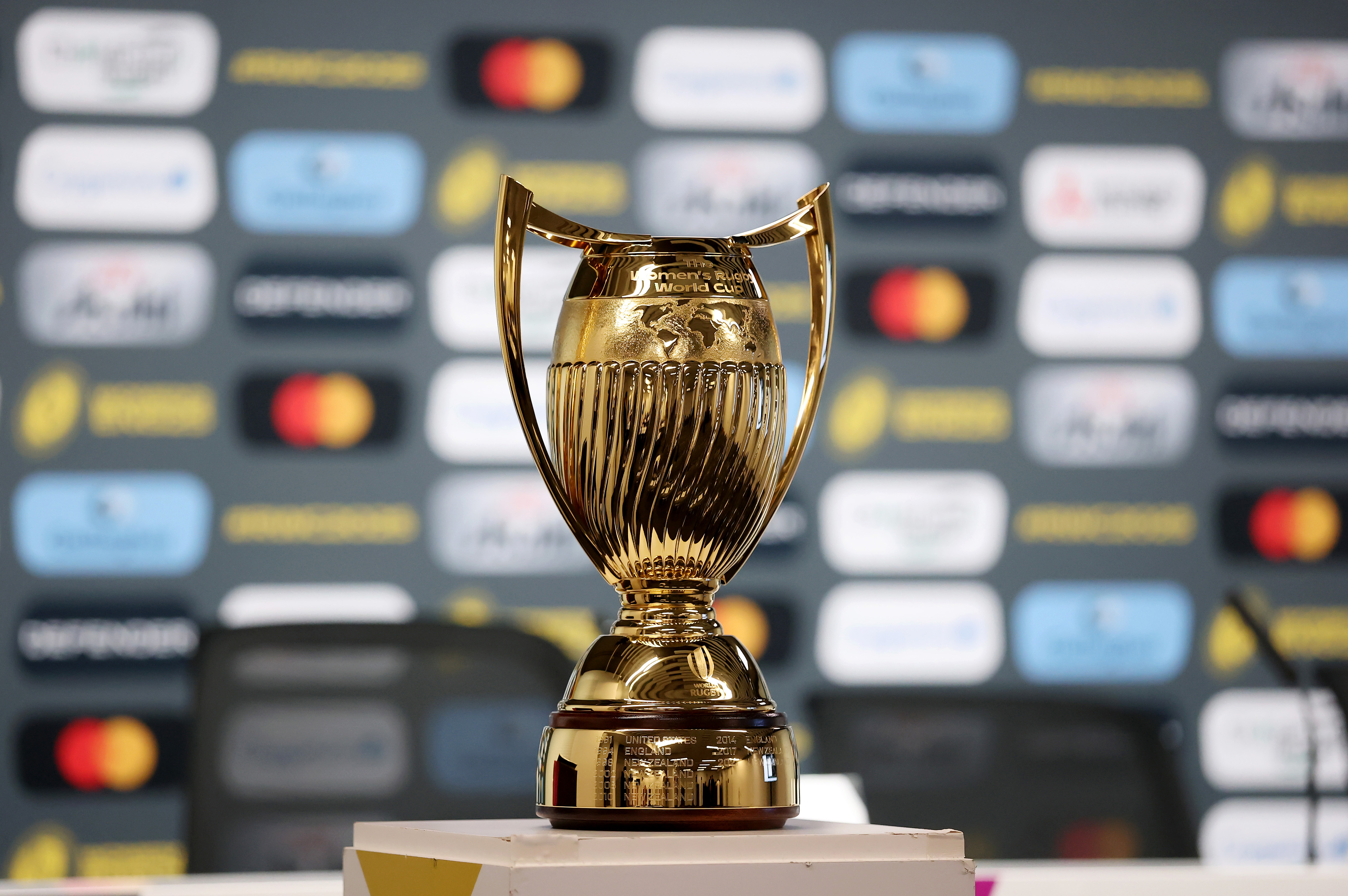 A detailed view of the new Women's Rugby World Cup Trophy. Photo / World Rugby Images