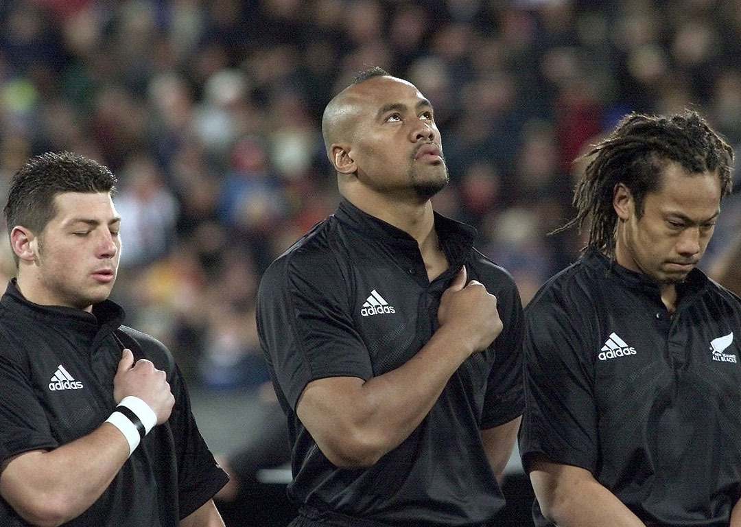 Jonah Lomu during the anthems ahead of an All Blacks test.