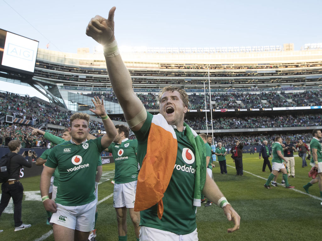 Ireland No.8 Jamie Heaslip celebrates their win against the All Blacks. Photo /Brett Phibbs