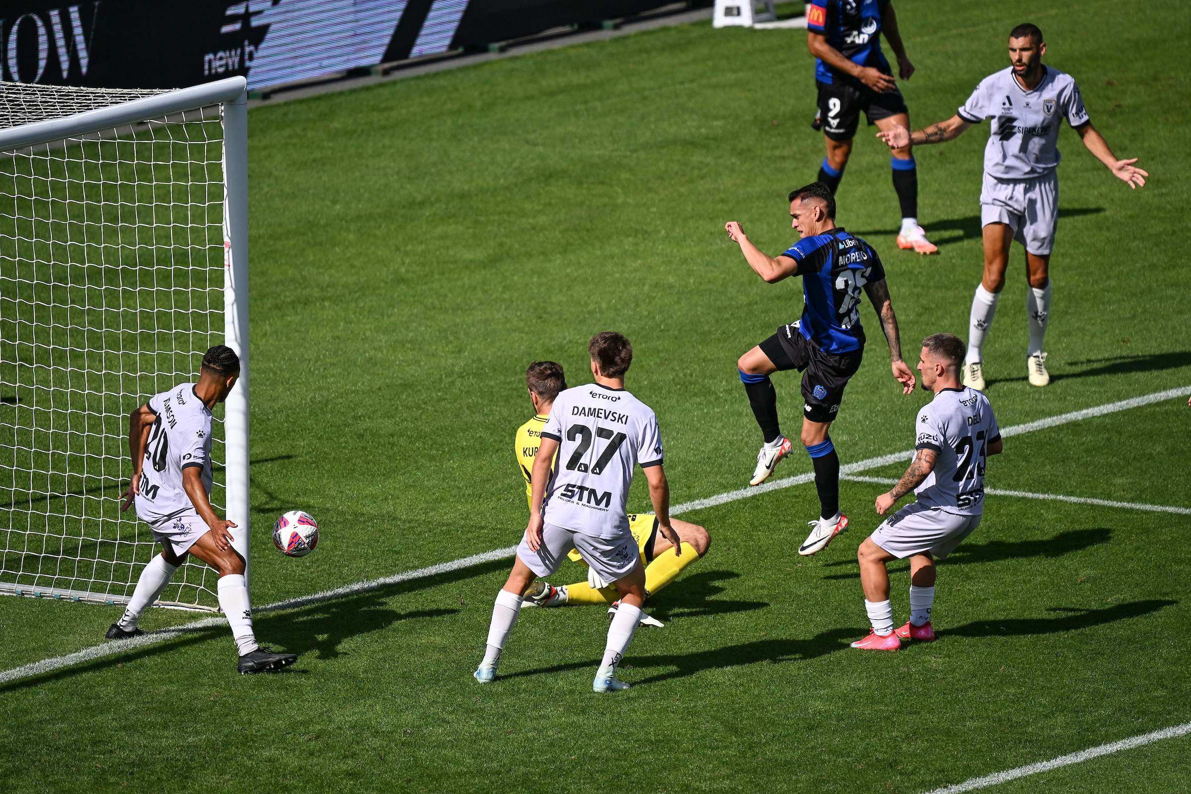 Neyder Moreno scores against Macarthur FC. Photo / Photosport