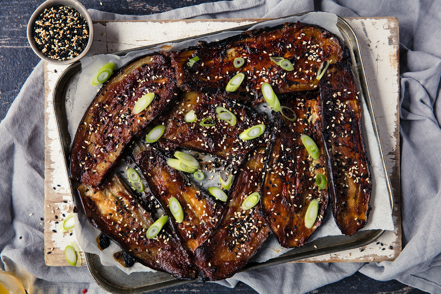 Homemade miso paste pairs perfectly with golden roast eggplant. Photo / Babiche Martens