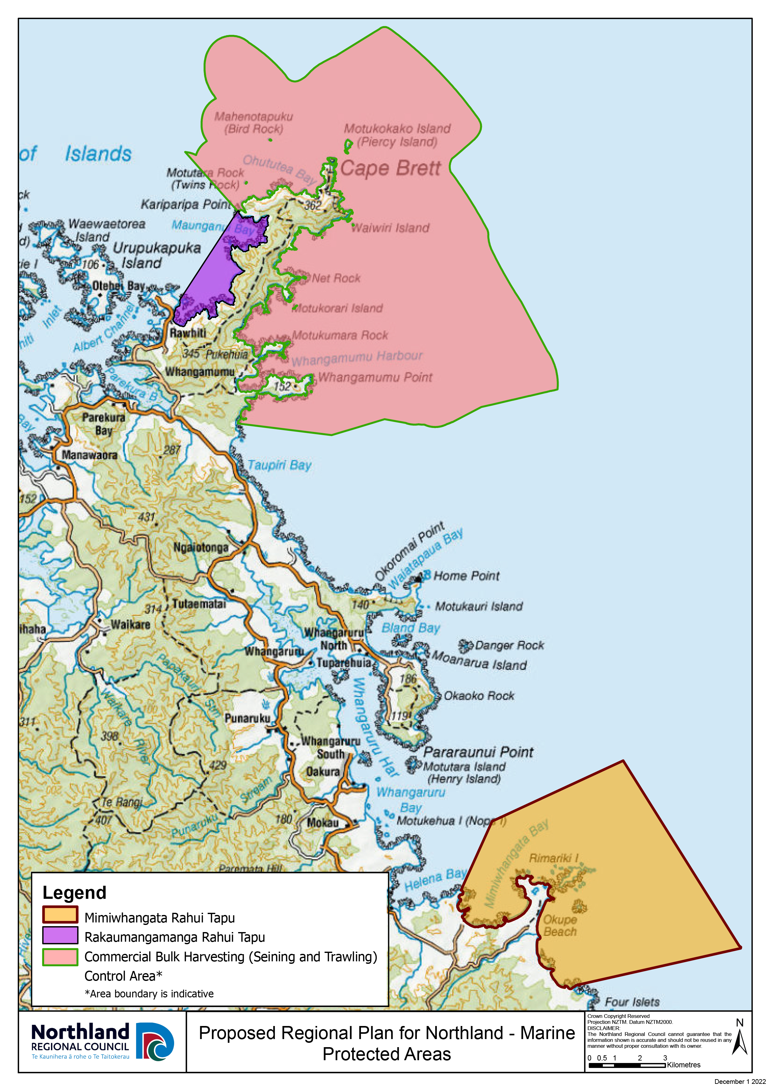 The court ruling creates no-take areas from Deep Water Cove to Oke Bay in the Bay of Islands and around Mimiwhangata Peninsula, as well as a ban on bottom trawling and purse seining around Cape Brett. Image / NRC