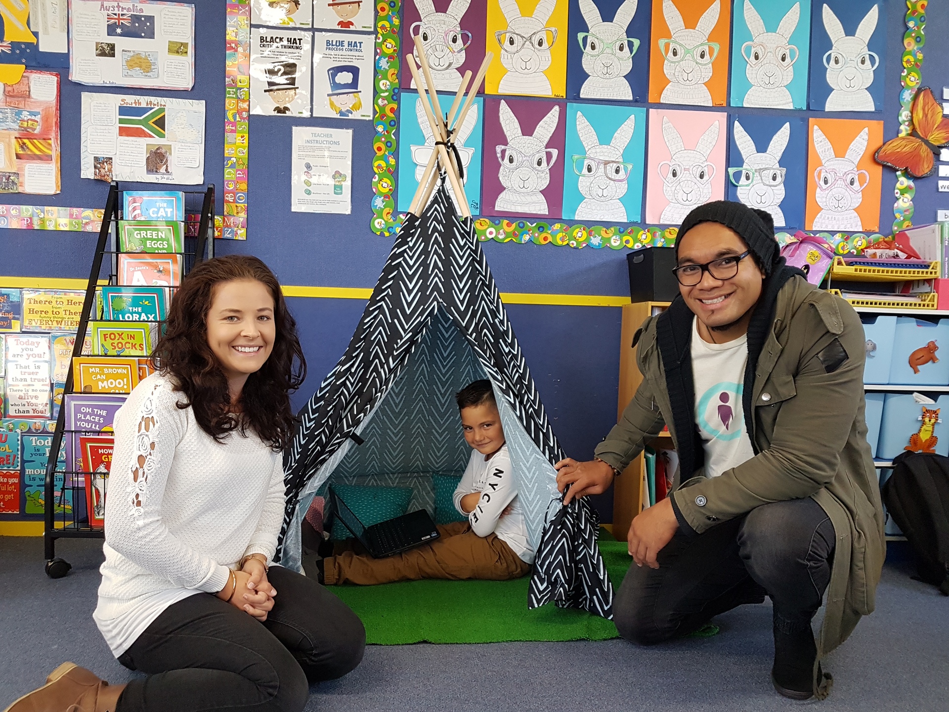 Massōne Tutauha, pictured here with mum Bex (left) and school principal Junior Togia, could retreat into a tent in his classroom when he needed to. Photo / Ilona Hanne, Stratford Press