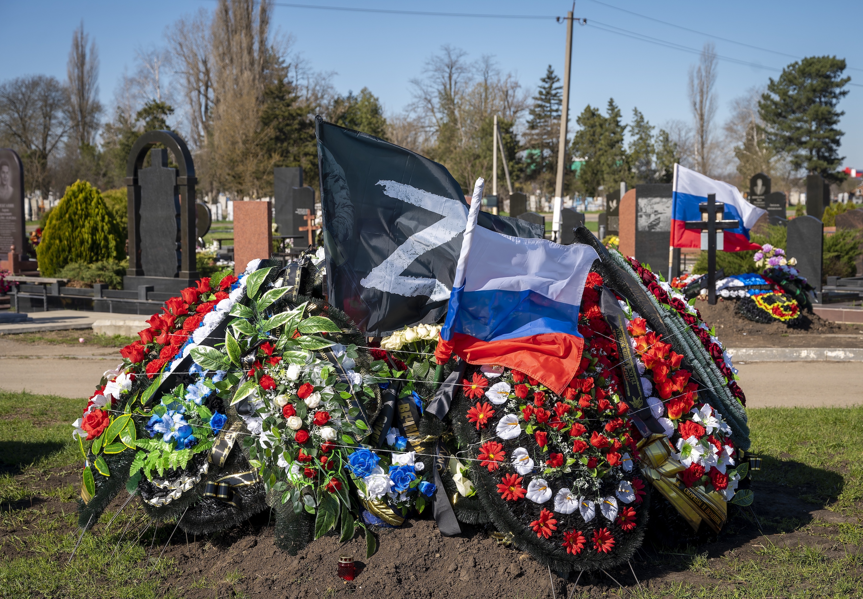 A grave of a Russian serviceman who died during the Russian-Ukrainian war at the cemetery in the village of Dinskaya, Krasnodar region, southern Russia. Photo / AP