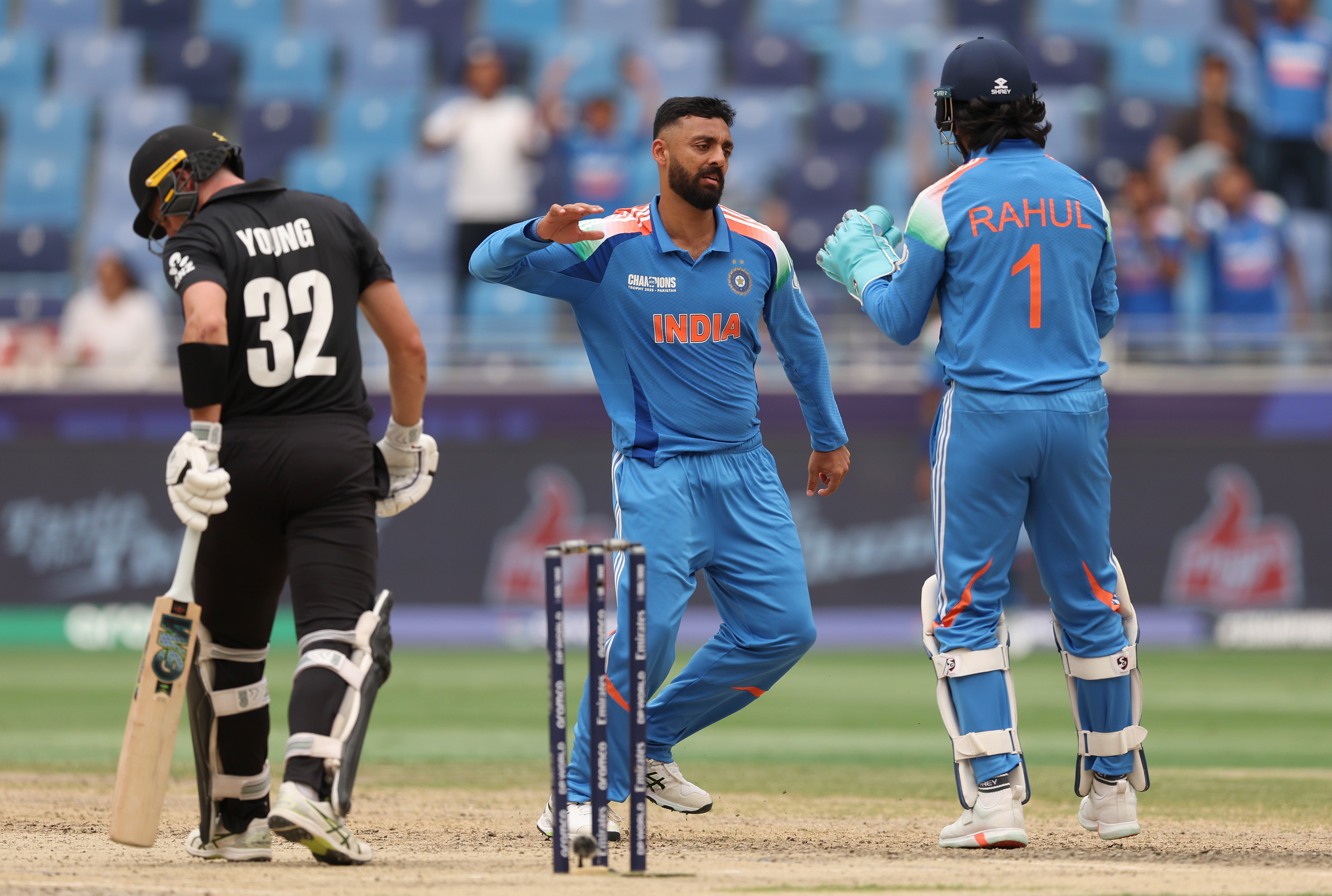 Varun Chakaravarthy celebrates the wicket of Will Young. Photo / Getty Images