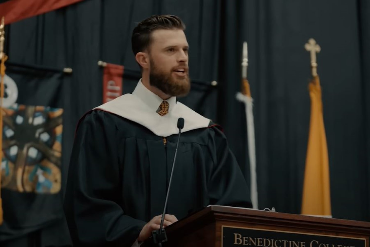 NFL star and Kansas City Chiefs kicker Harrison Butker gives the 2024 commencement speech at Benedictine College. Photo / YouTube