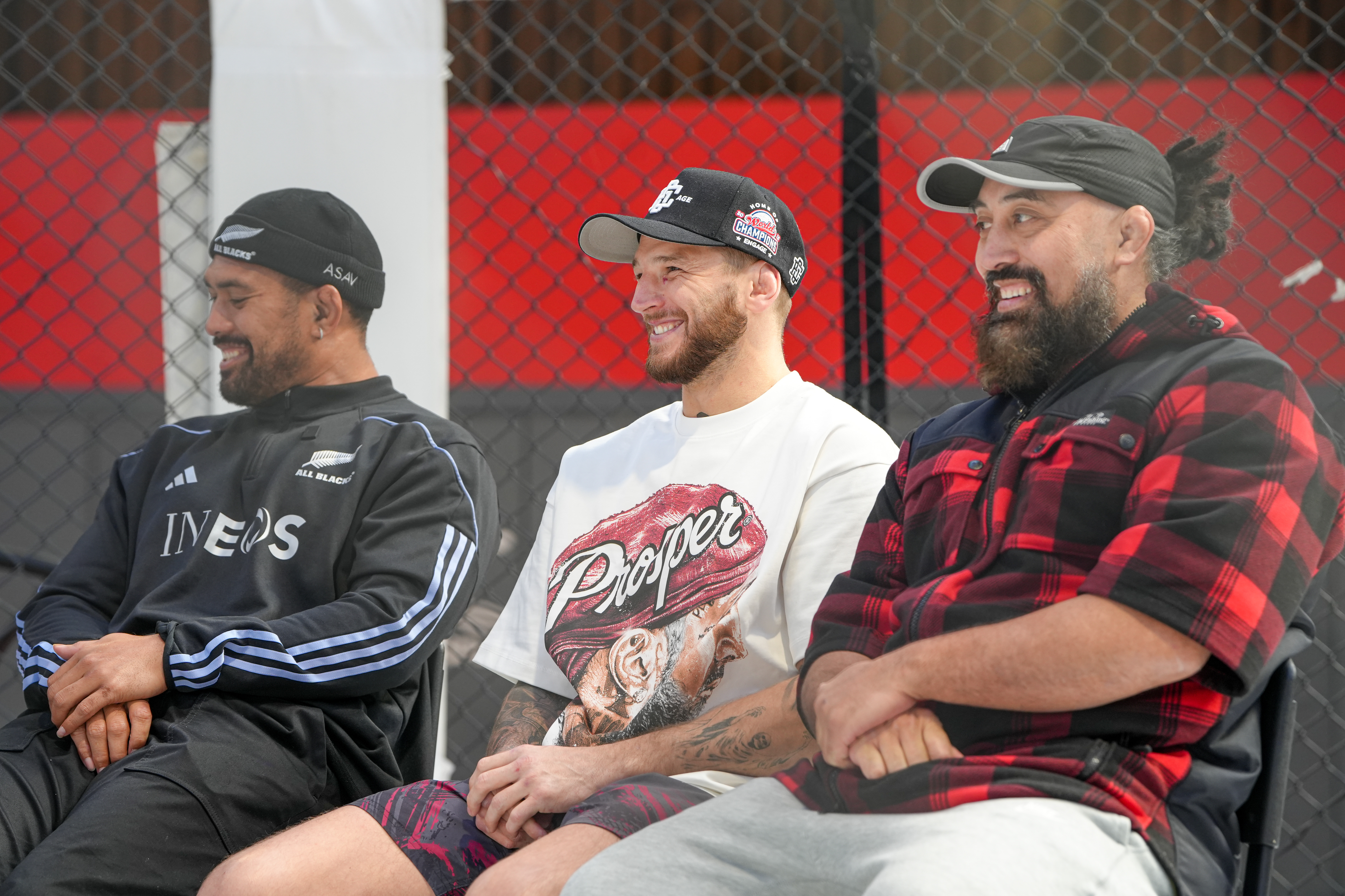 All Blacks loose forward Ardie Savea, UFC lightweight Dan Hooker and City Kickboxing head coach Eugene Bareman during an interview at the gym last month. Photo / Alyse Wright