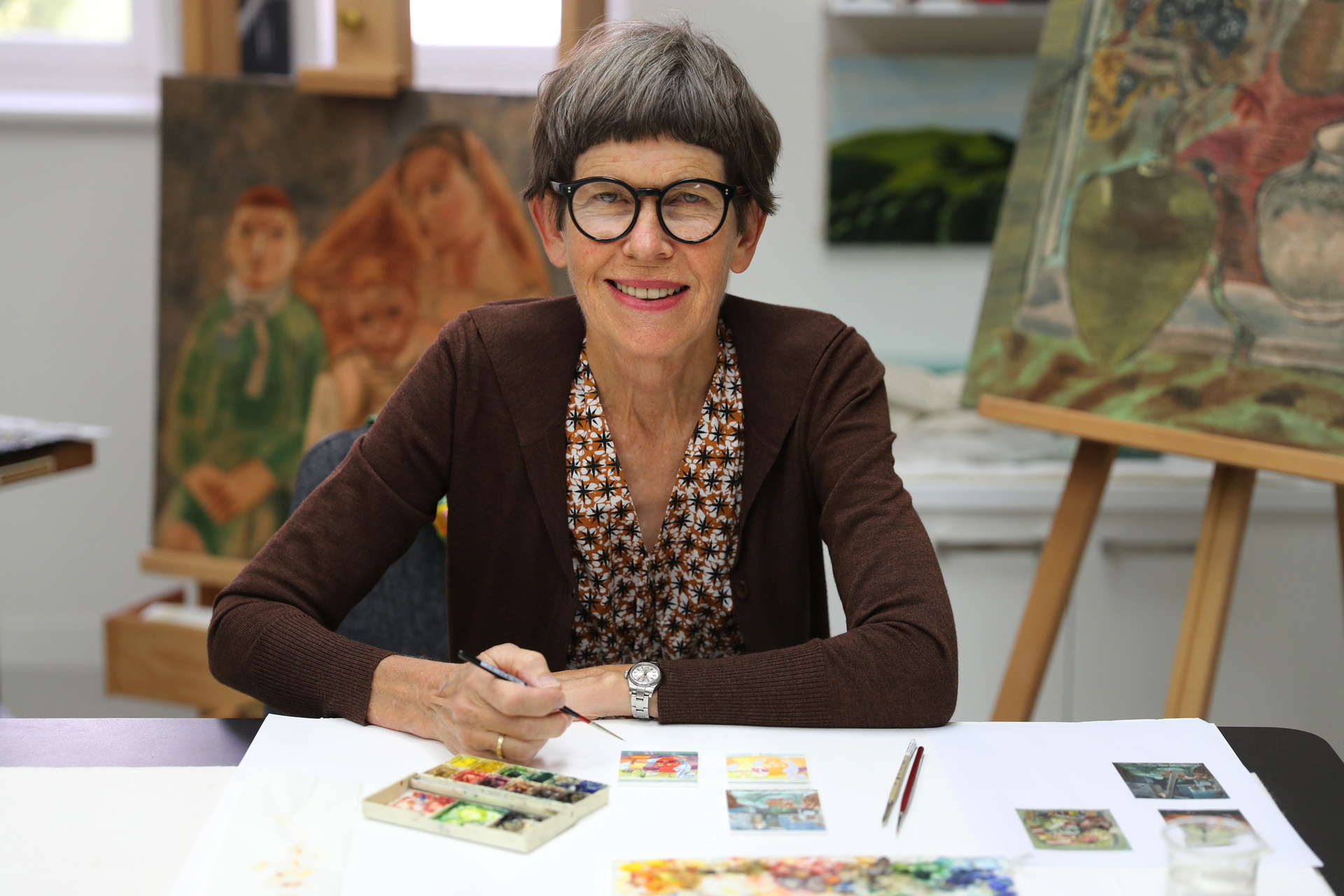 Sarah Hillary creates miniature reproductions of paintings by Frances Hodgkins, at Auckland Art Gallery. Photo / Doug Sherring