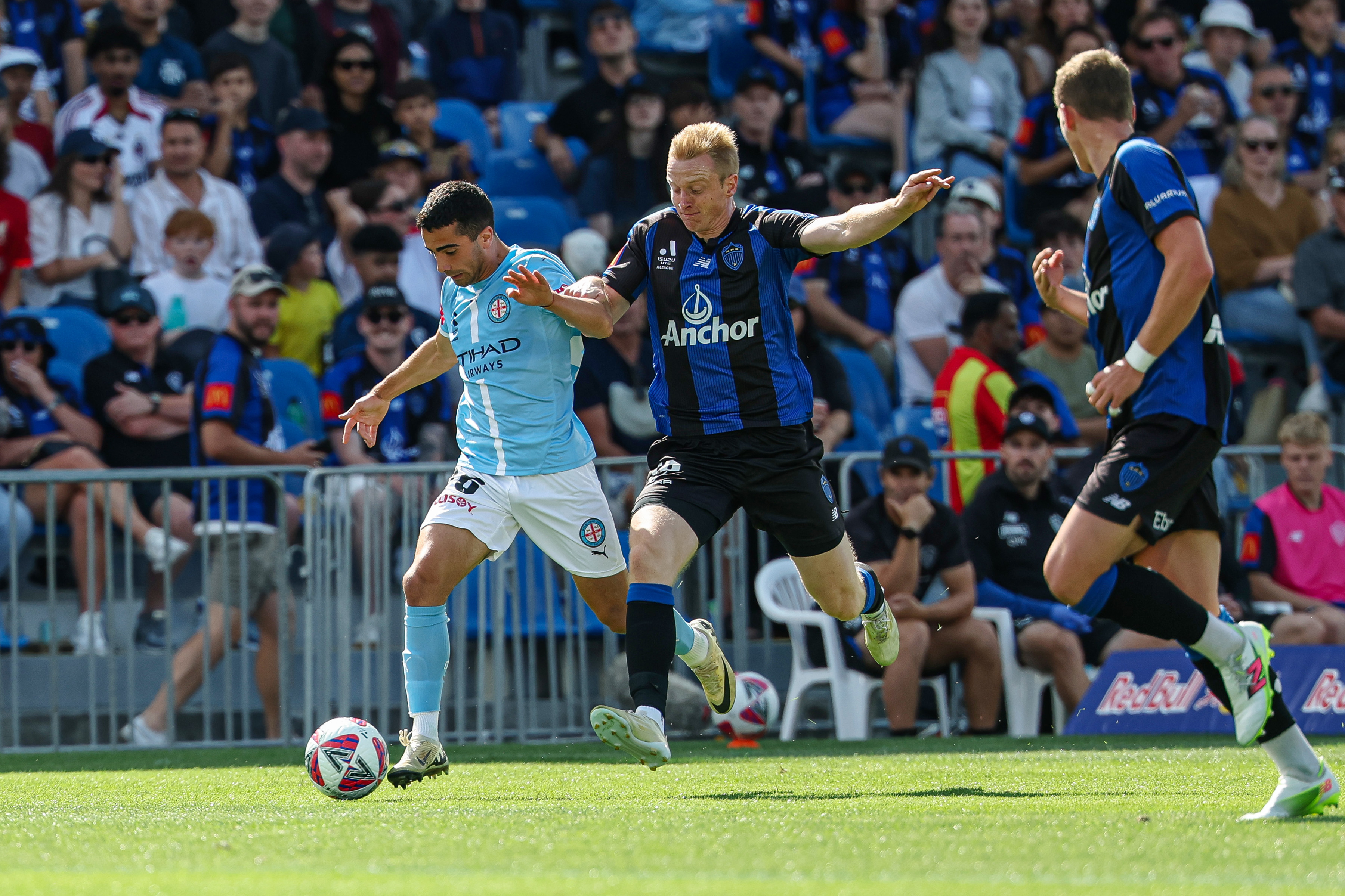 Melbourne City FC's Benjamin Mazzeo and Auckland FC's Francis de Vries. Photo / Photosport