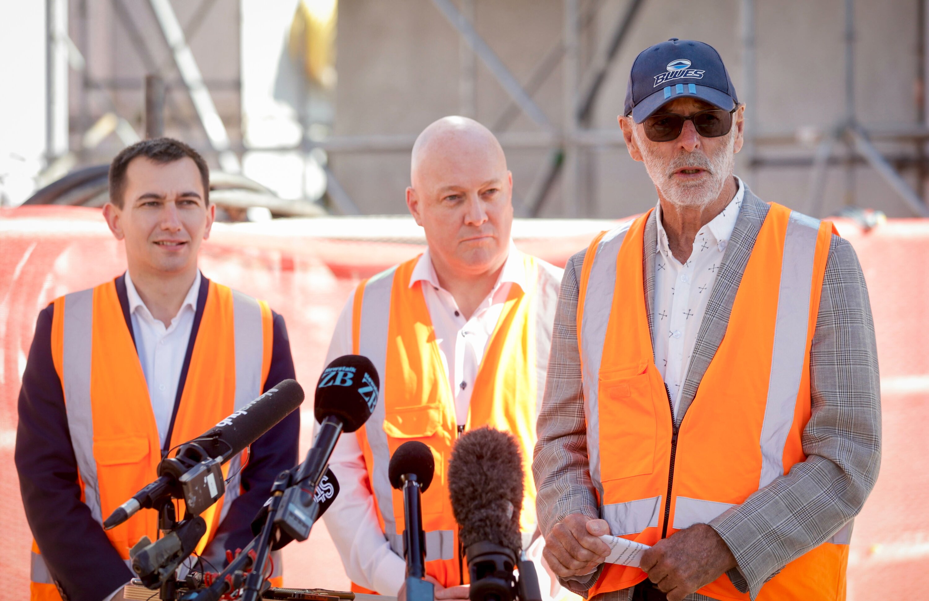 Minister for Auckland Simeon Brown (left), Prime Minister Christopher Luxon (centre) and Auckland City Mayor Wayne Brown (right). Photo / Alex Burton