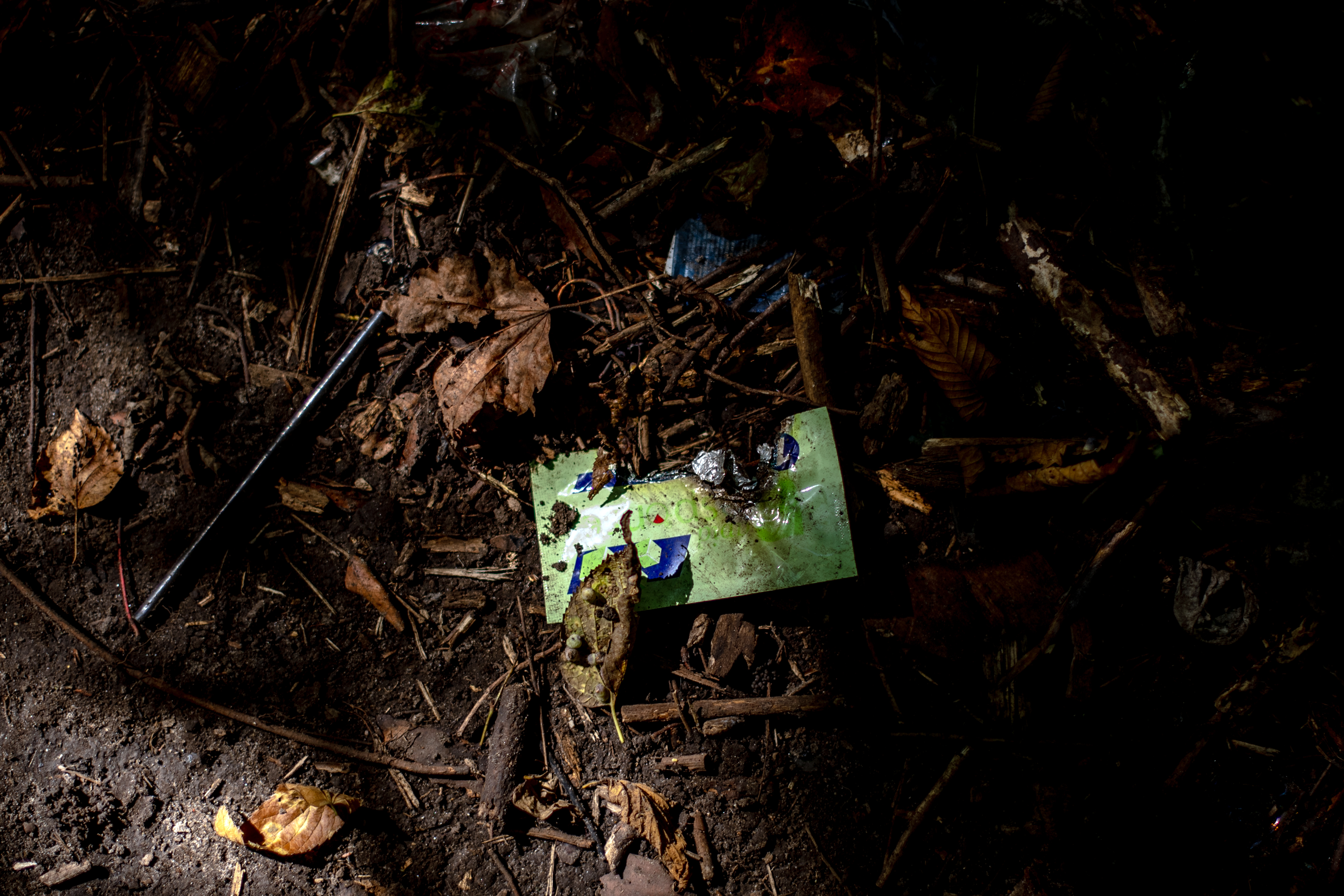 A used fentanyl test strip on the ground at a homeless encampment outside Kalamazoo, Michigan, on October 2, 2023. Photo / Hilary Swift, The New York Times