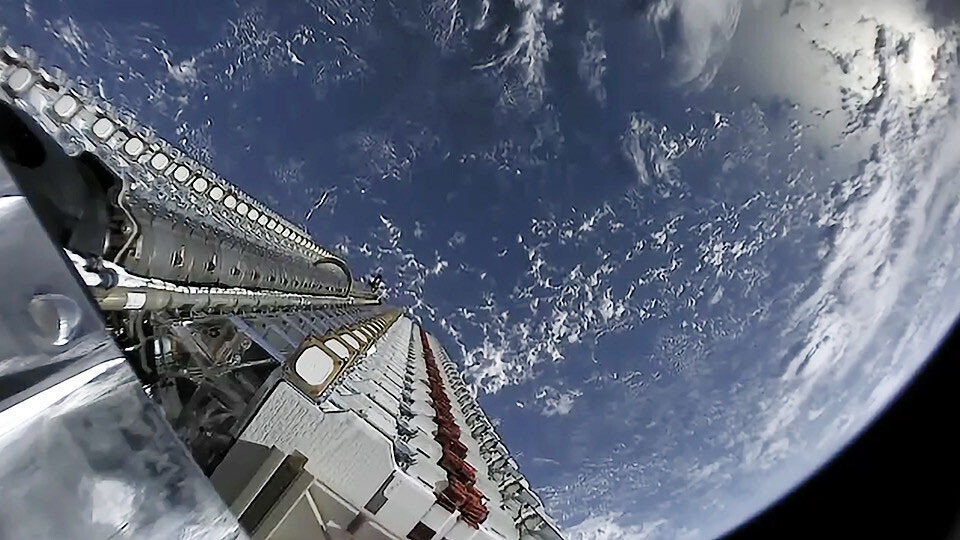 Starlink satellites being deployed by parent company SpaceX. Because they have a low Earth orbit of around 600km (compared to geosynchronous satellites 36,000km), Starlink's network offers much snappier performance than traditional satellite broadband. Photo / File