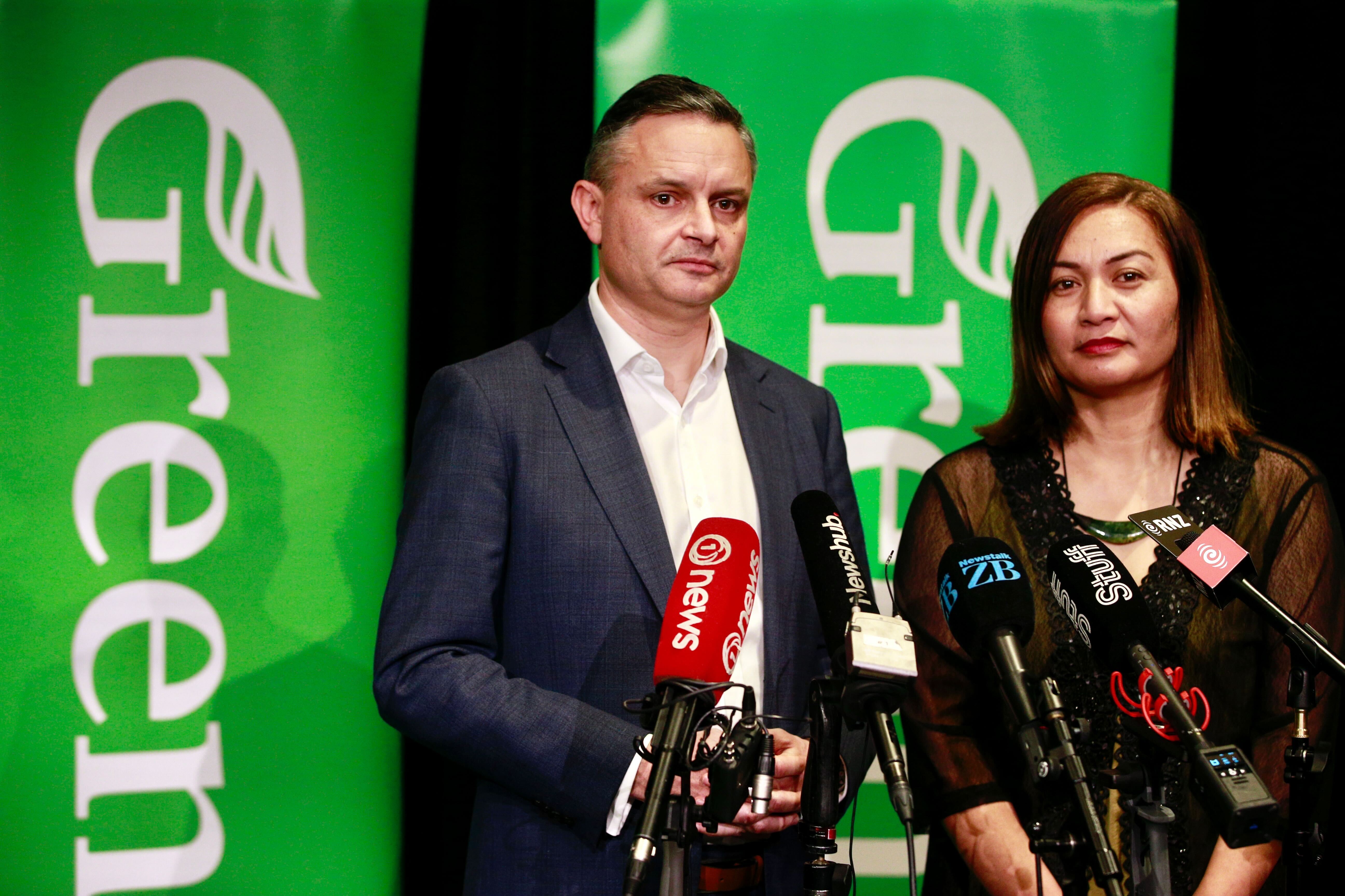 Green Party co-leaders James Shaw and Marama Davidson at the party's tax and incomes policy announcement. Photo / Alex Burton