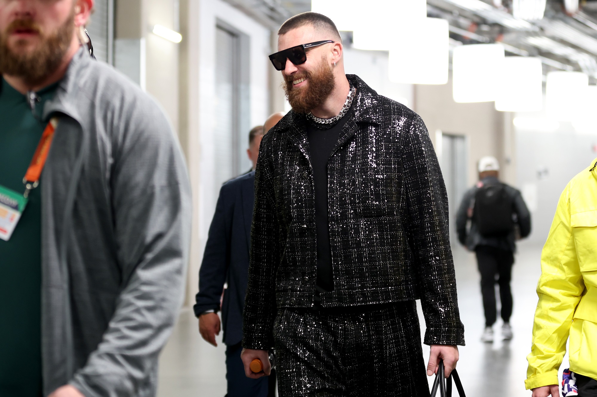 Travis Kelce of the Kansas City Chiefs walks through the tunnel after defeating the San Francisco 49ers during Super Bowl LVIII in Las Vegas wearing a custom Amiri suit. Photo / Getty Images