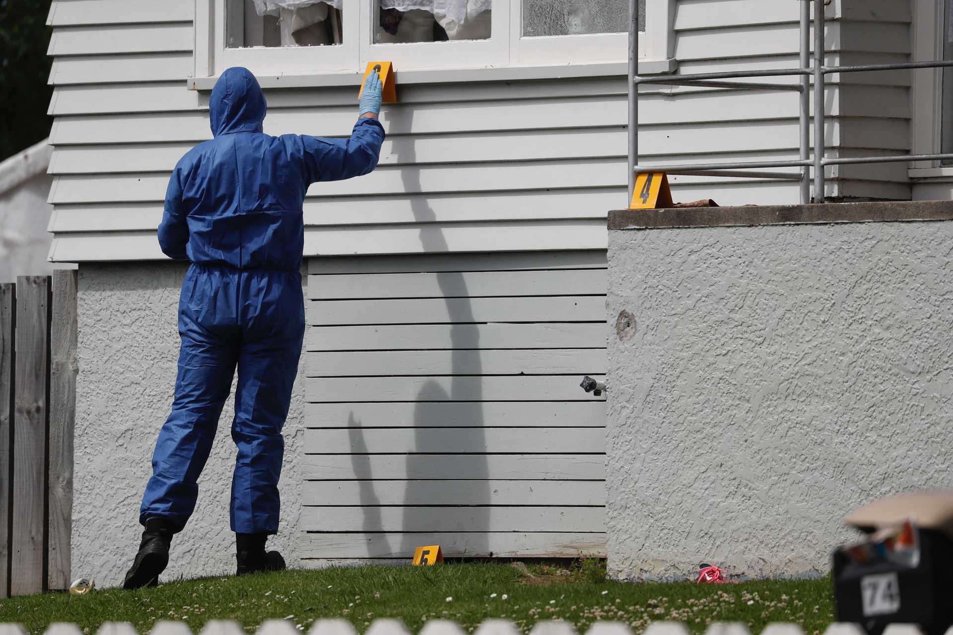Bullet holes can still be seen in the Māngere East property targeted in a drive-by shooting. Photo / Dean Purcell