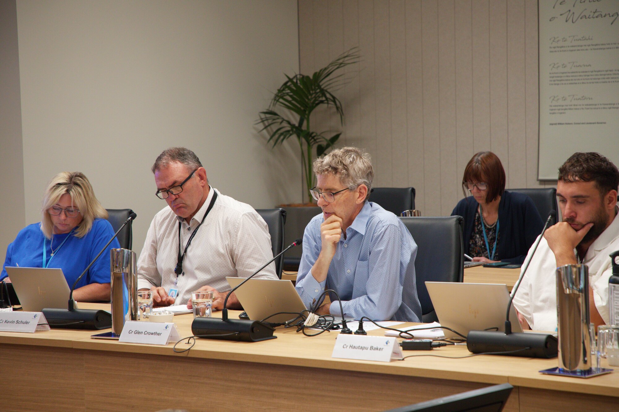 Tauranga City councillors Kevin Schuler, Glen Crowther and Hautapu Baker at Monday morning's emergency council meeting. Photo / Jo Jones