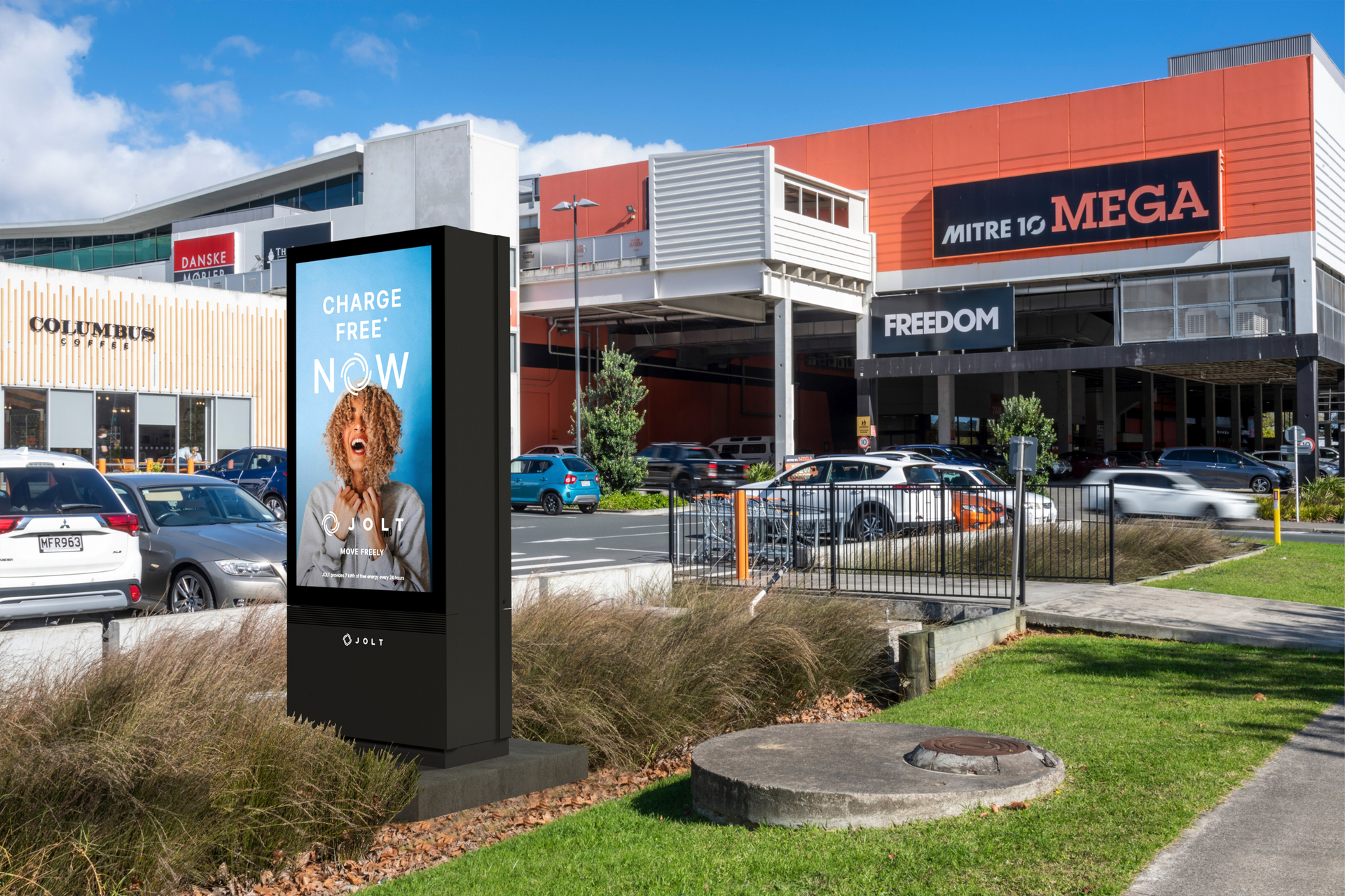 A mockup of a Jolt charging point outside the Mitre 10 in Albany. Photo / Supplied