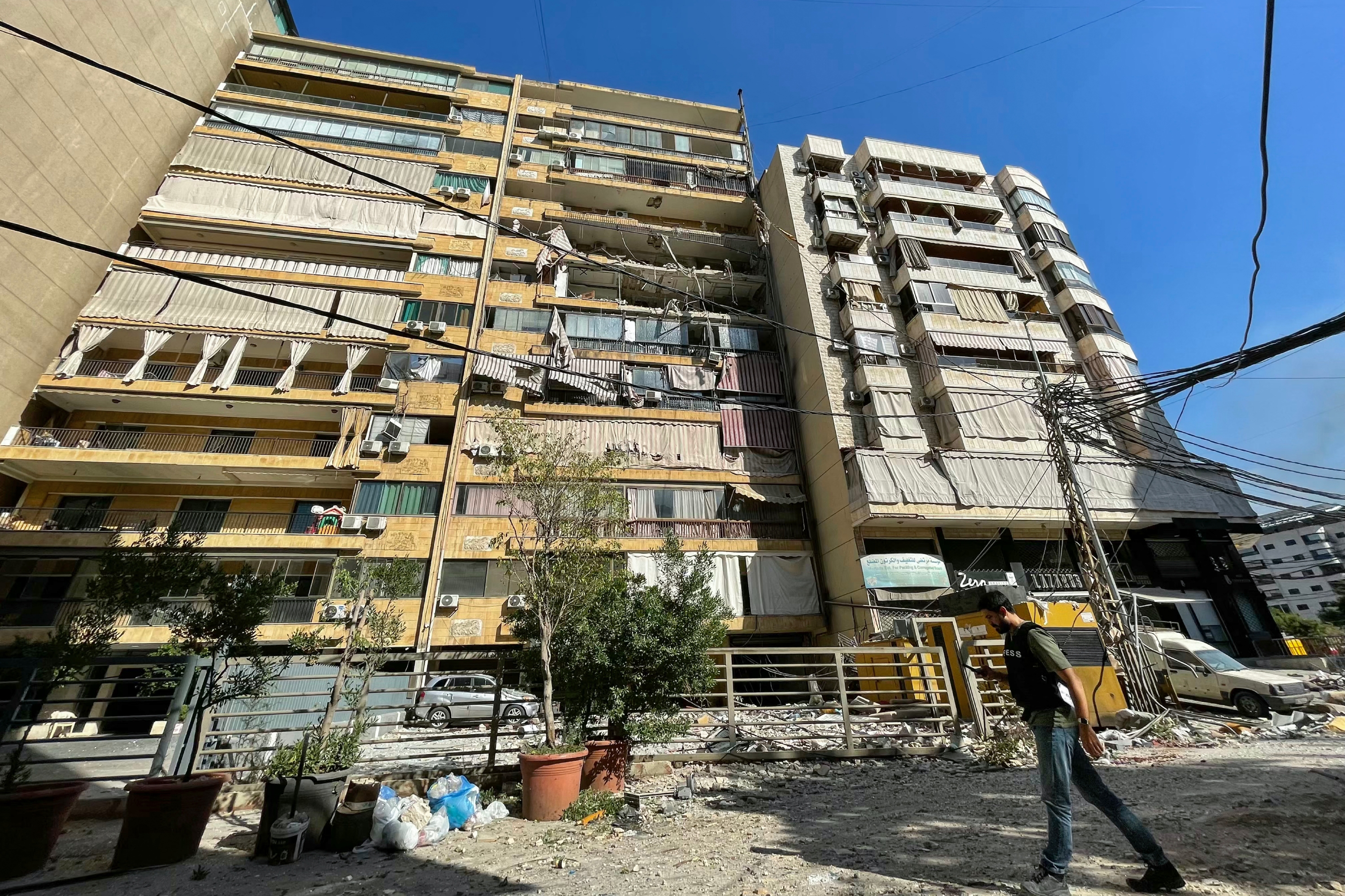 An apartment building was hit by an Israeli airstrike in the Mouawwad neighbourhood of Beirut's southern suburbs yesterday. Photo / AFP