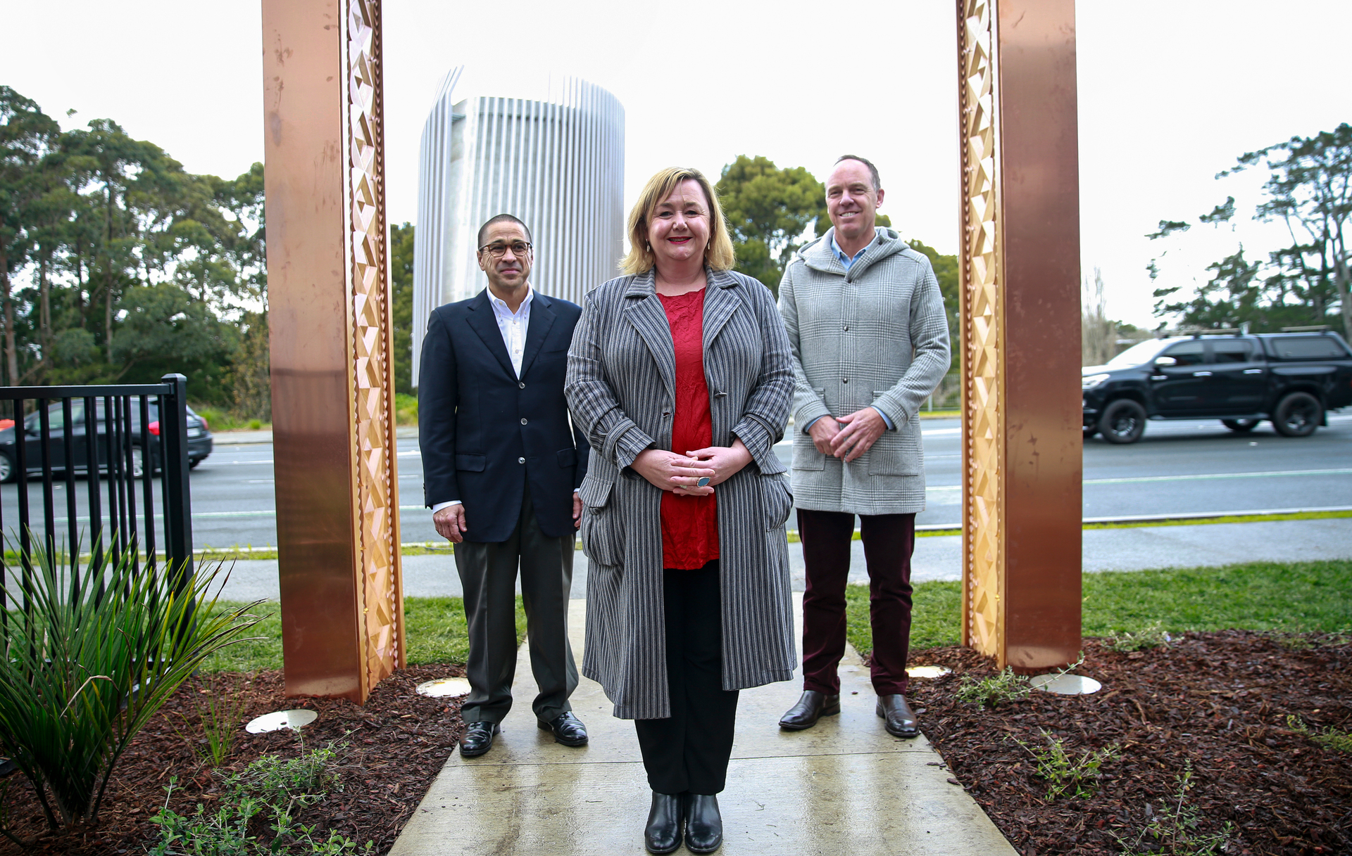 Paul Majurey, Megan Woods and Mark Todd at Kōkihi's opening last June. Photo / Alex Burton