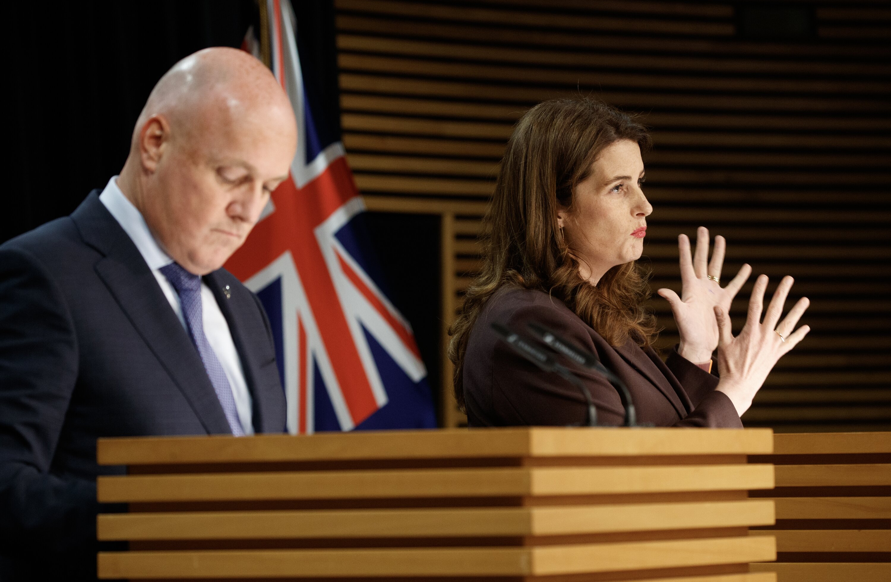 Prime Minister Christopher Luxon and Finance Minister Nicola Willis during the post-Cabinet press conference.