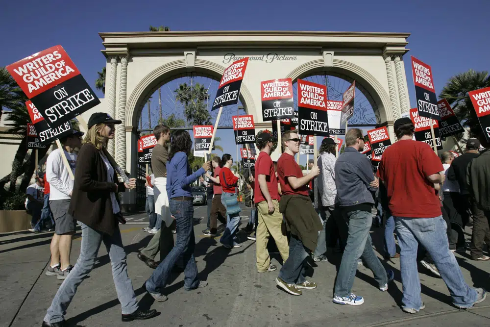 Striking writers walk the picket line outside Paramount Studios in Los Angeles, 2007. Photo / AP