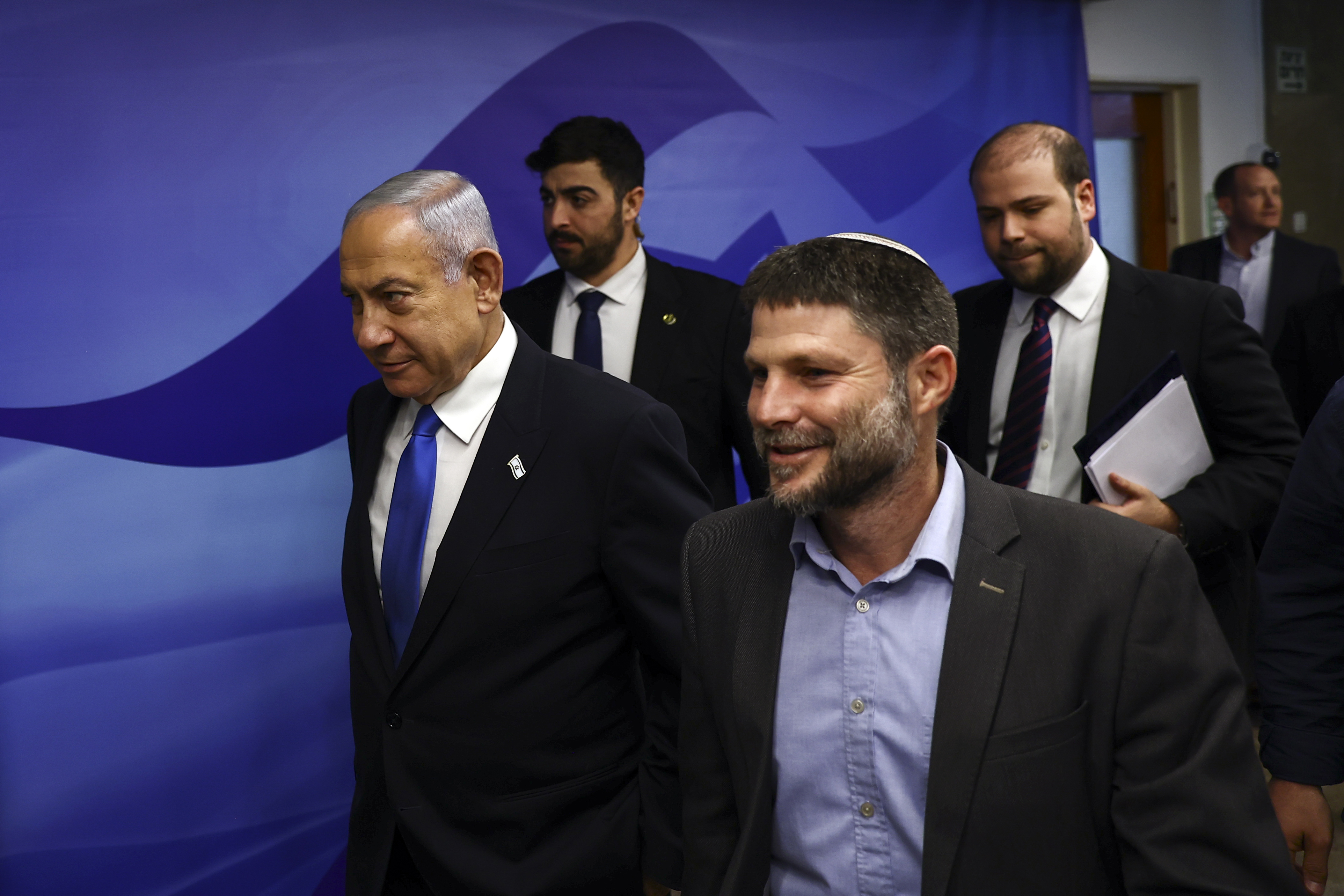 Israeli Prime Minister Benjamin Netanyahu, left, and Finance Minister Bezalel Smotrich, right, an ultranationalist member of Israel's ruling coalition who says there's no such thing as a Palestinian people. Photo / Ronen Zvulun, AP