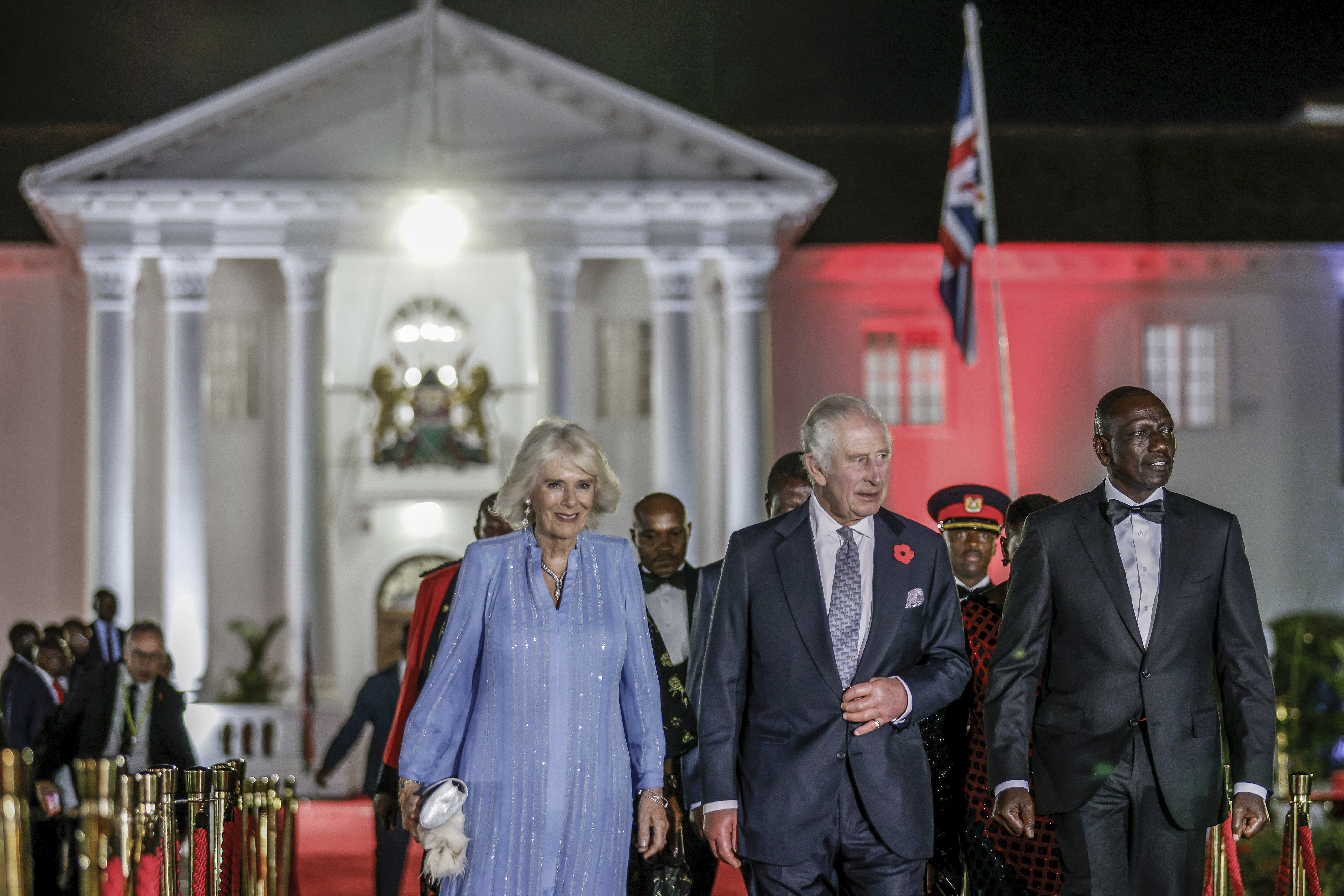 King Charles Queen Camilla and Kenyan President Dr William Ruto. Photo / AP