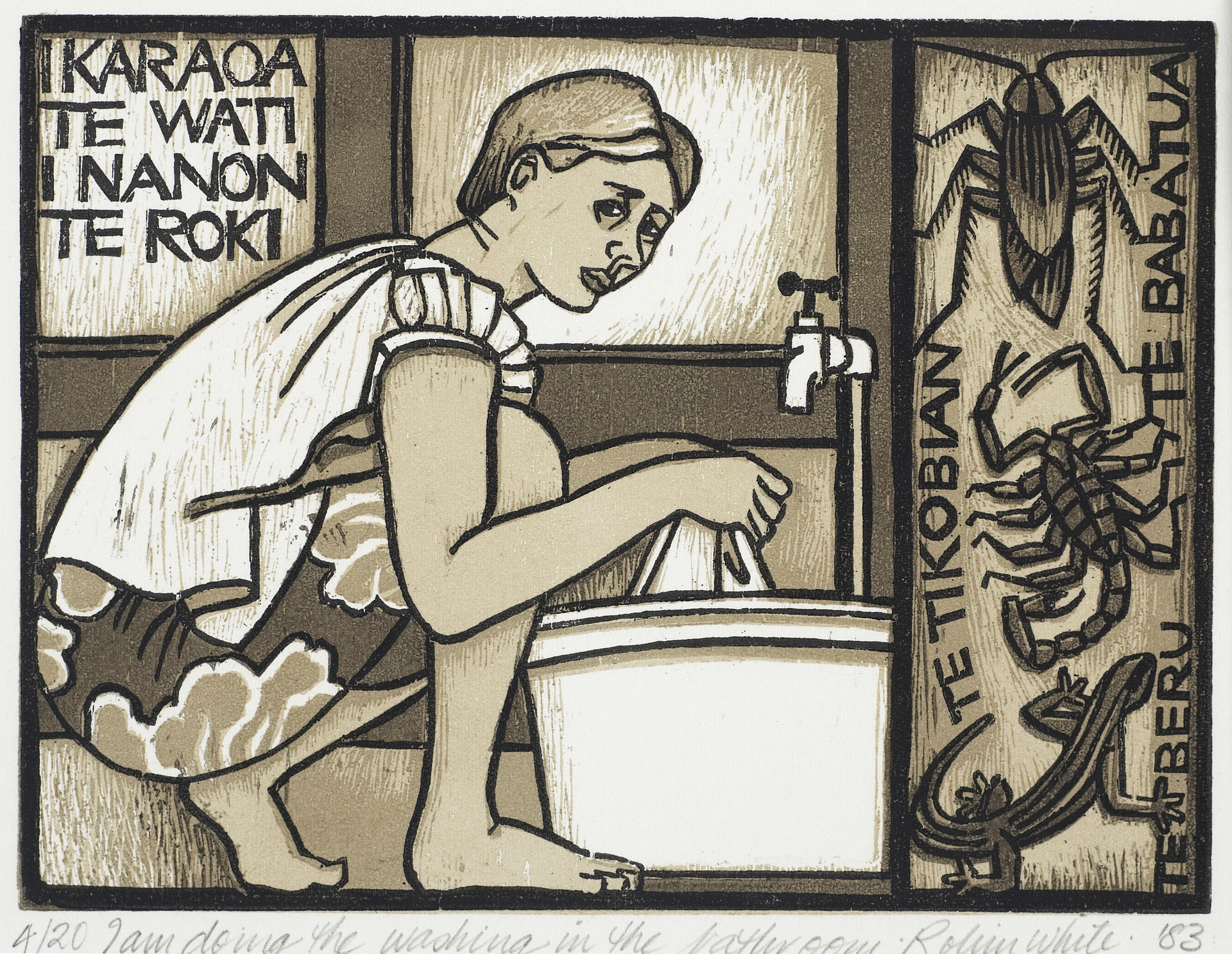 White's 1983 woodblock print, I am doing the washing in the bathroom. Photo / Museum of New Zealand Te Papa Tongarewa