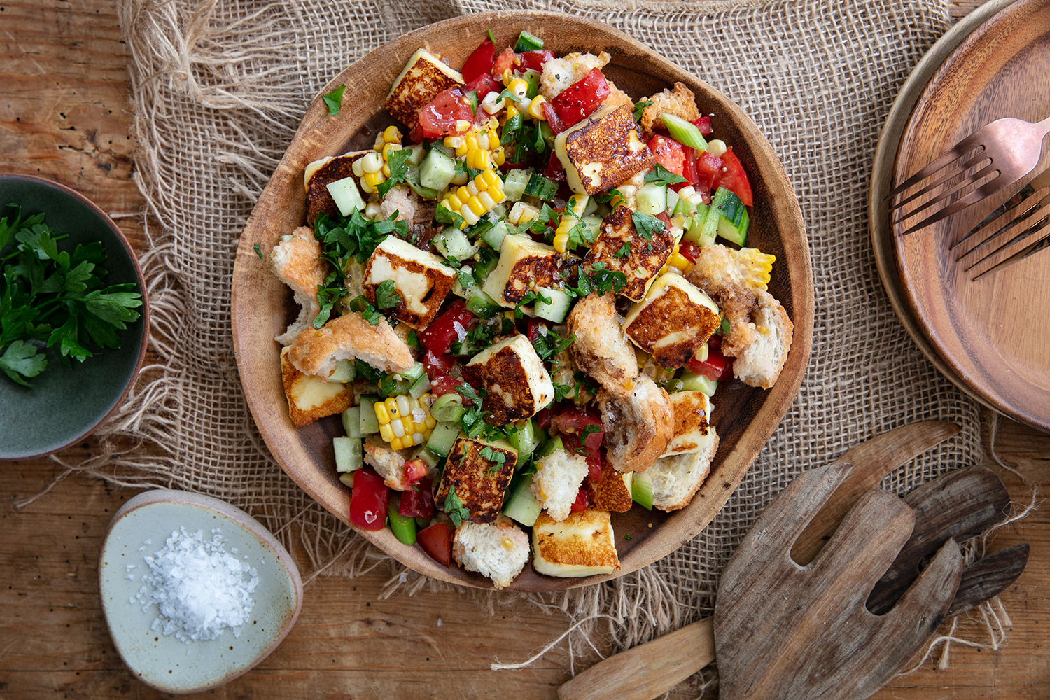 Halloumi, tomatoes and corn: A winning trifecta. Photo / Babiche Martens