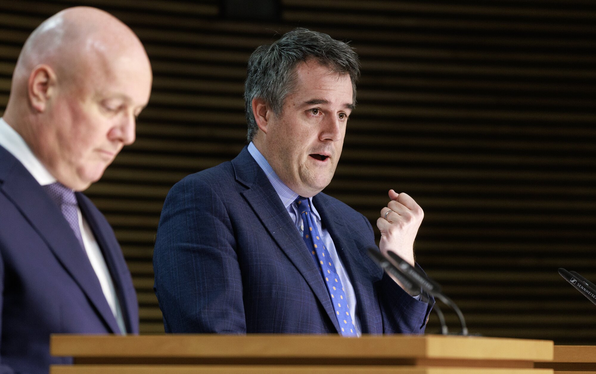 Housing Minister Chris Bishop (right) with Prime Minister Christopher Luxon at a post-Cabinet press conference at Parliament in November last year. Photo / Mark Mitchell