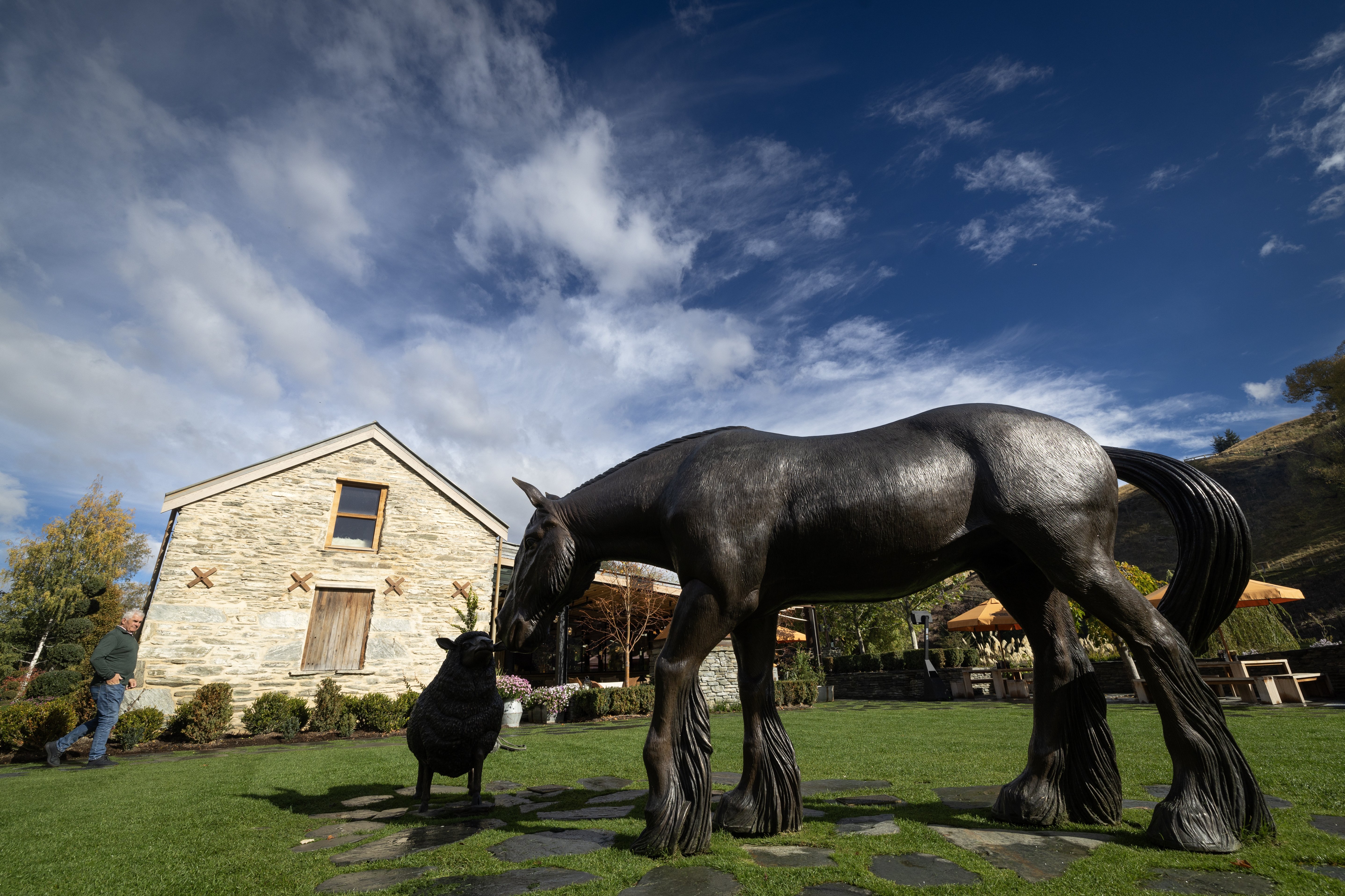 Life-sized Ajex the Romney and Napoleon the Cyldsdale at Ayrburn. The statues were sculpted by Neil Laffoley and cast in bronze. Photo / Jason Oxenham