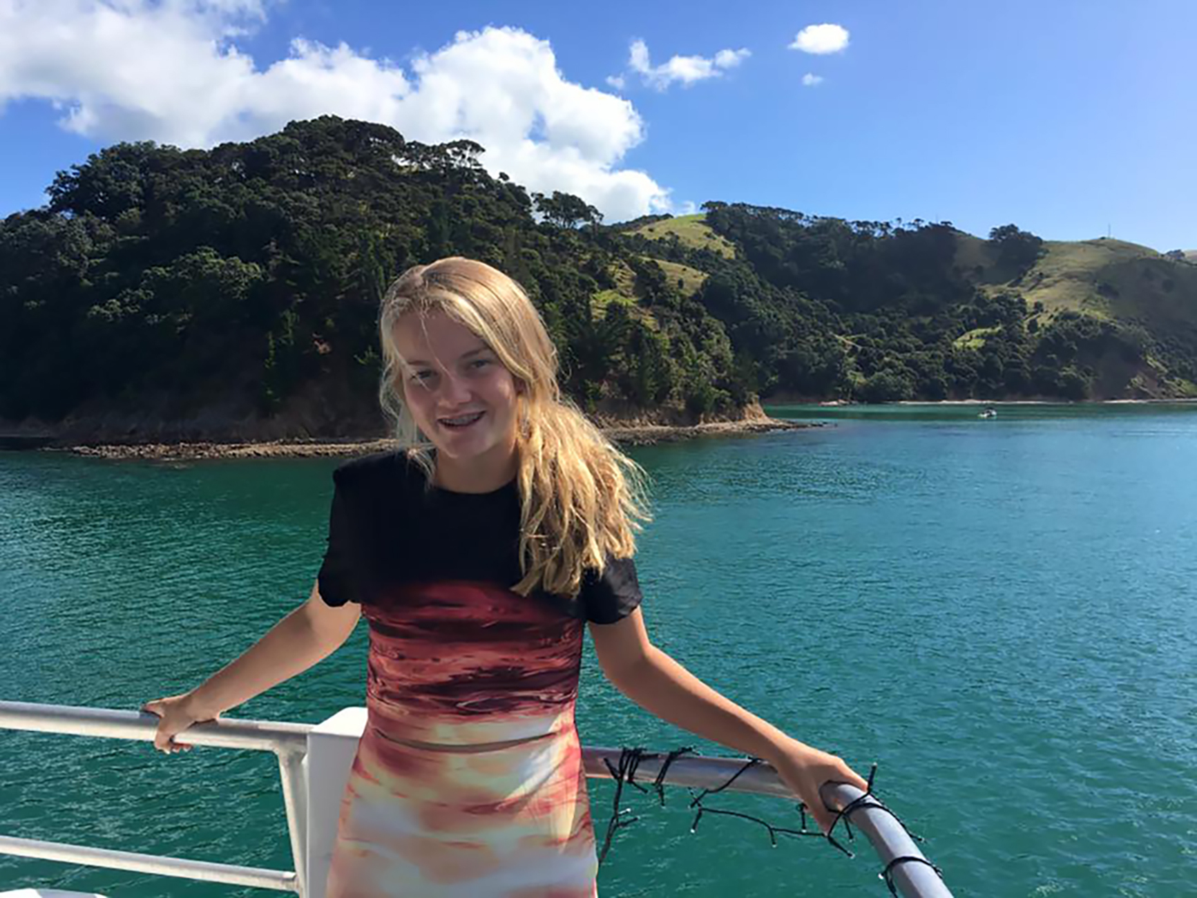 Cassandra on a boat in Auckland harbour for a family function in 2016. Photo / Supplied