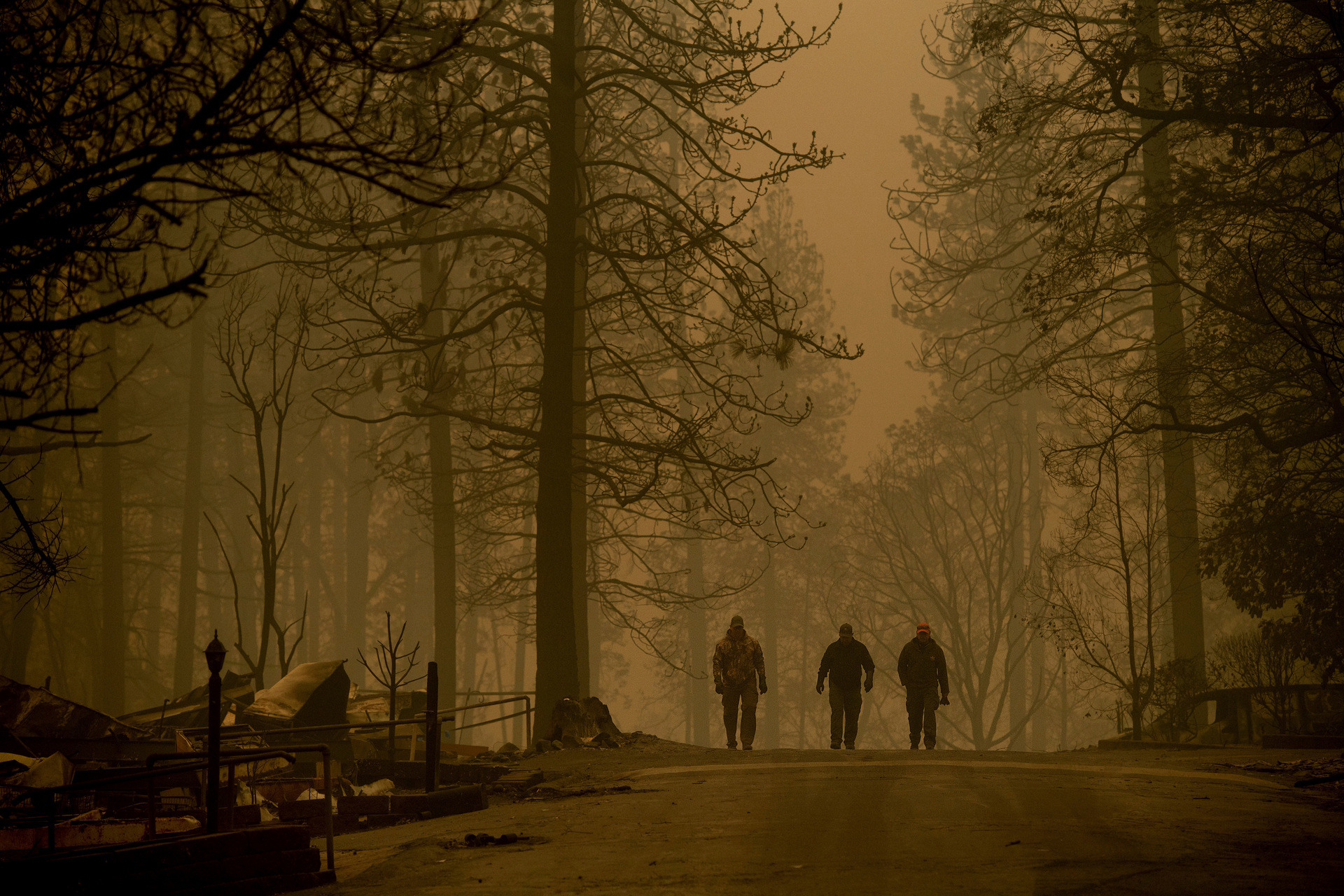 Sheriff's deputies search for human remains in a neighbourhood destroyed by the Camp Fire. Photo / AP